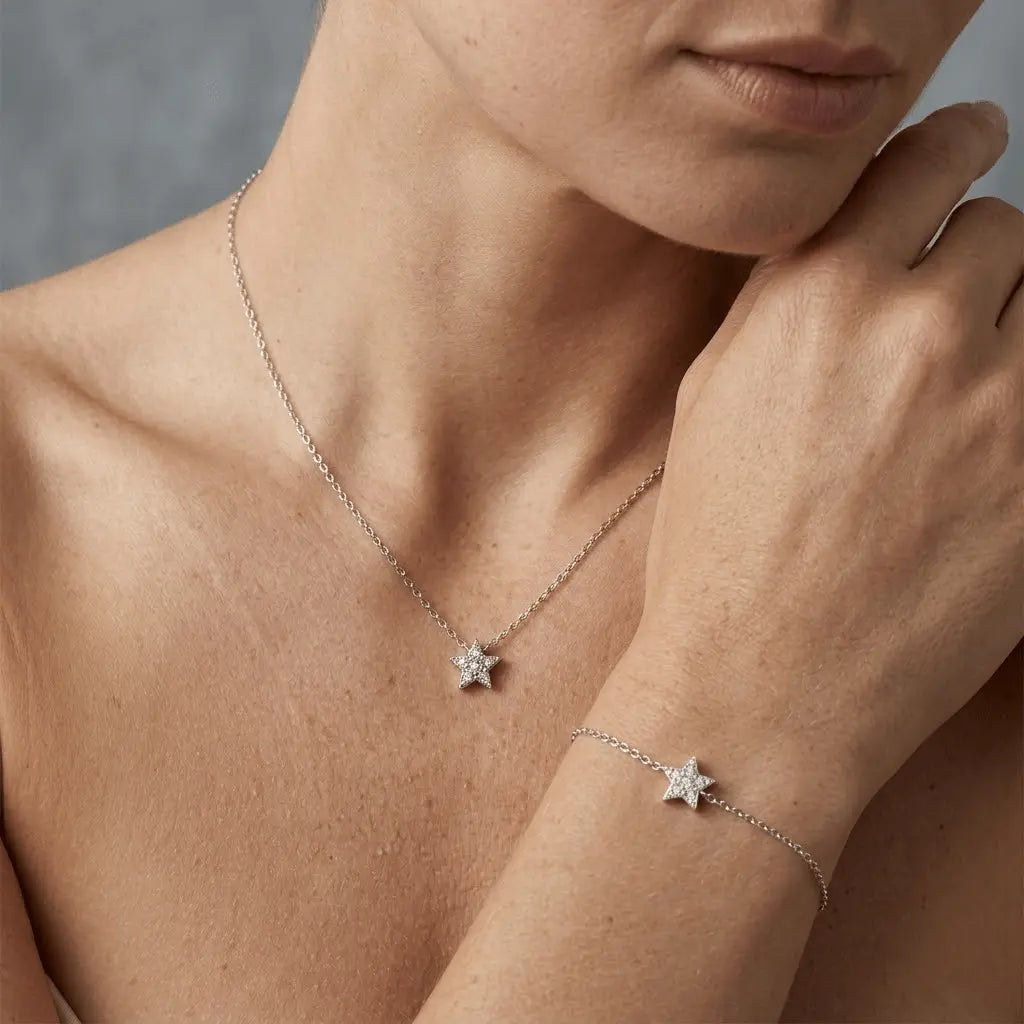 Stellara Duo – 925 Silber Schmuckset mit funkelndem Stern, Halskette & Armband mit Zirkonia - Suzan Gold