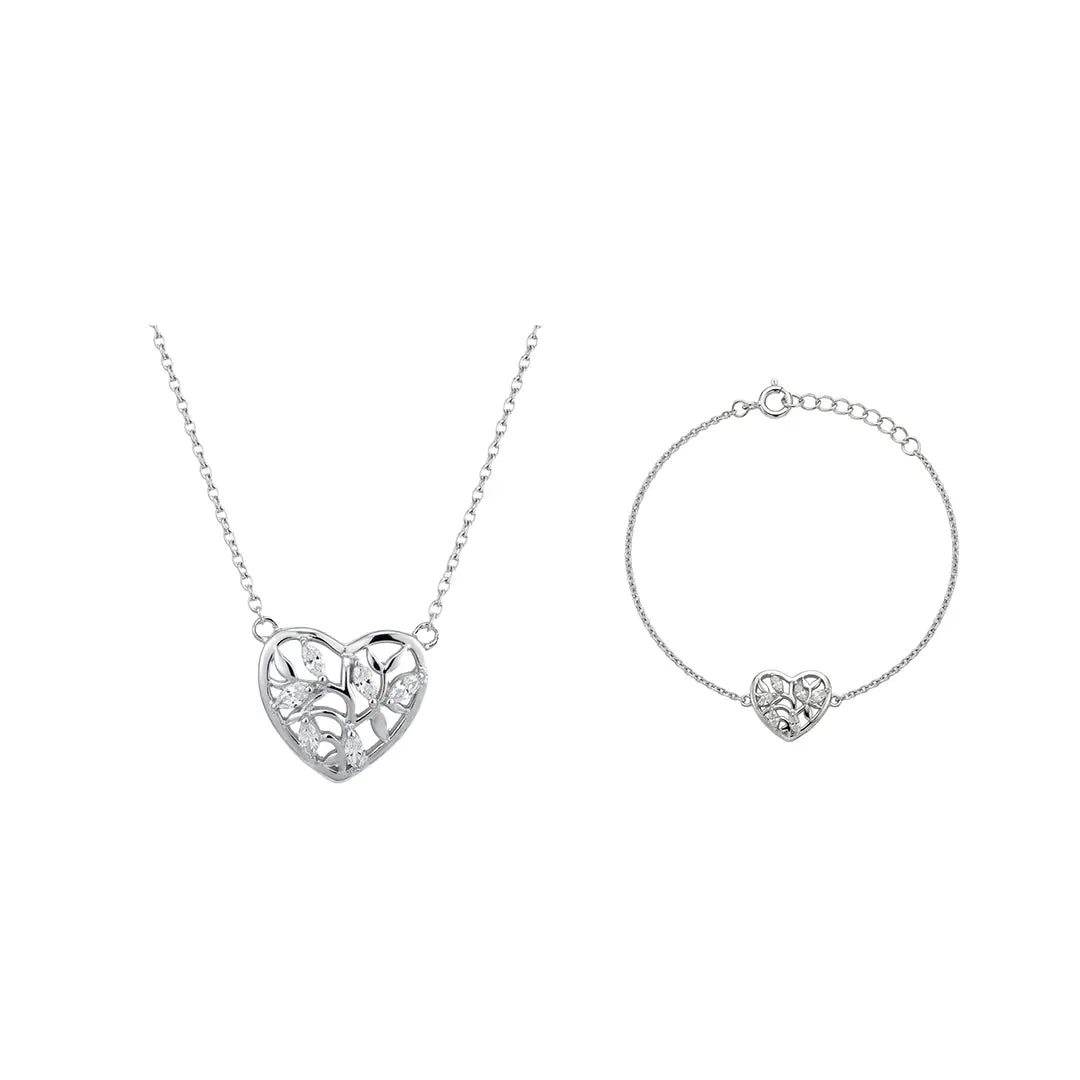 Floréa Amora – Vergoldetes 925 Silber Schmuckset mit Herz - Anhänger im floralen Design, Halskette & Armband - Suzan Gold