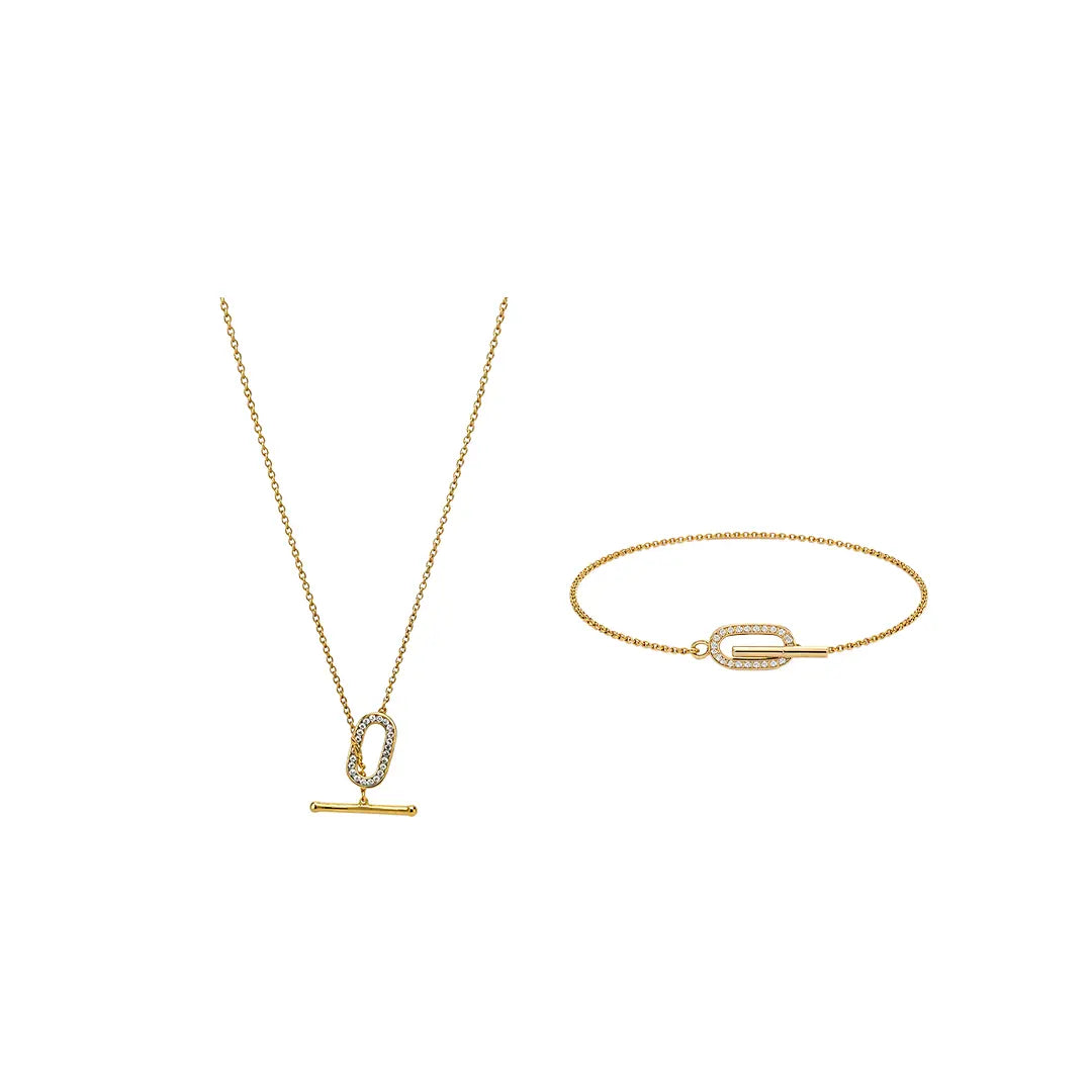 Linéa Glow – 925 Silber vergoldet Oval Stab Set Halskette Armband aus 925 Sterling Silber vergoldet mit Zirkonia, filigraner Schmuck für Damen, eleganter zeitloser Klassiker.