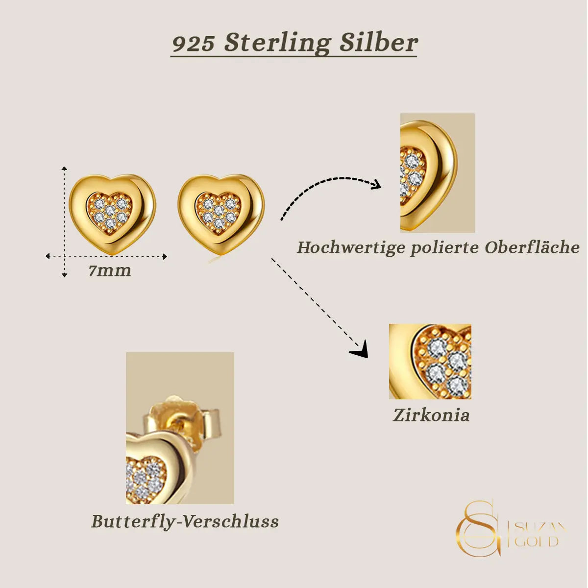 Heartglow – Zarte Herz-Ohrstecker aus 925 Silber mit Zirkonia Suzan Gold