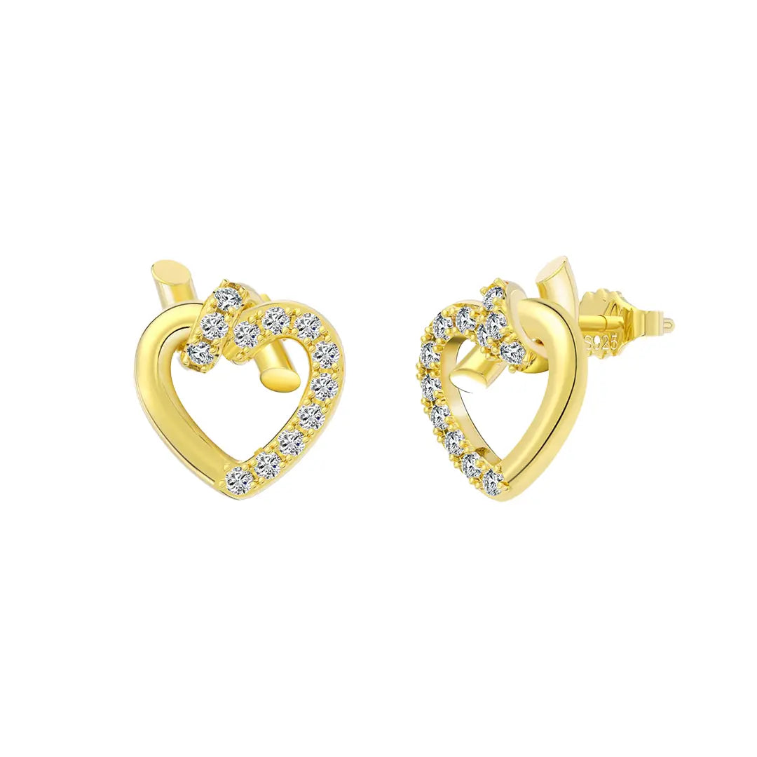 Heartlink Ohrstecker aus 925 Silber vergoldet mit Zirkonia, verschlungene Herz-Ohrringe für Damen, romantischer Schmuck.