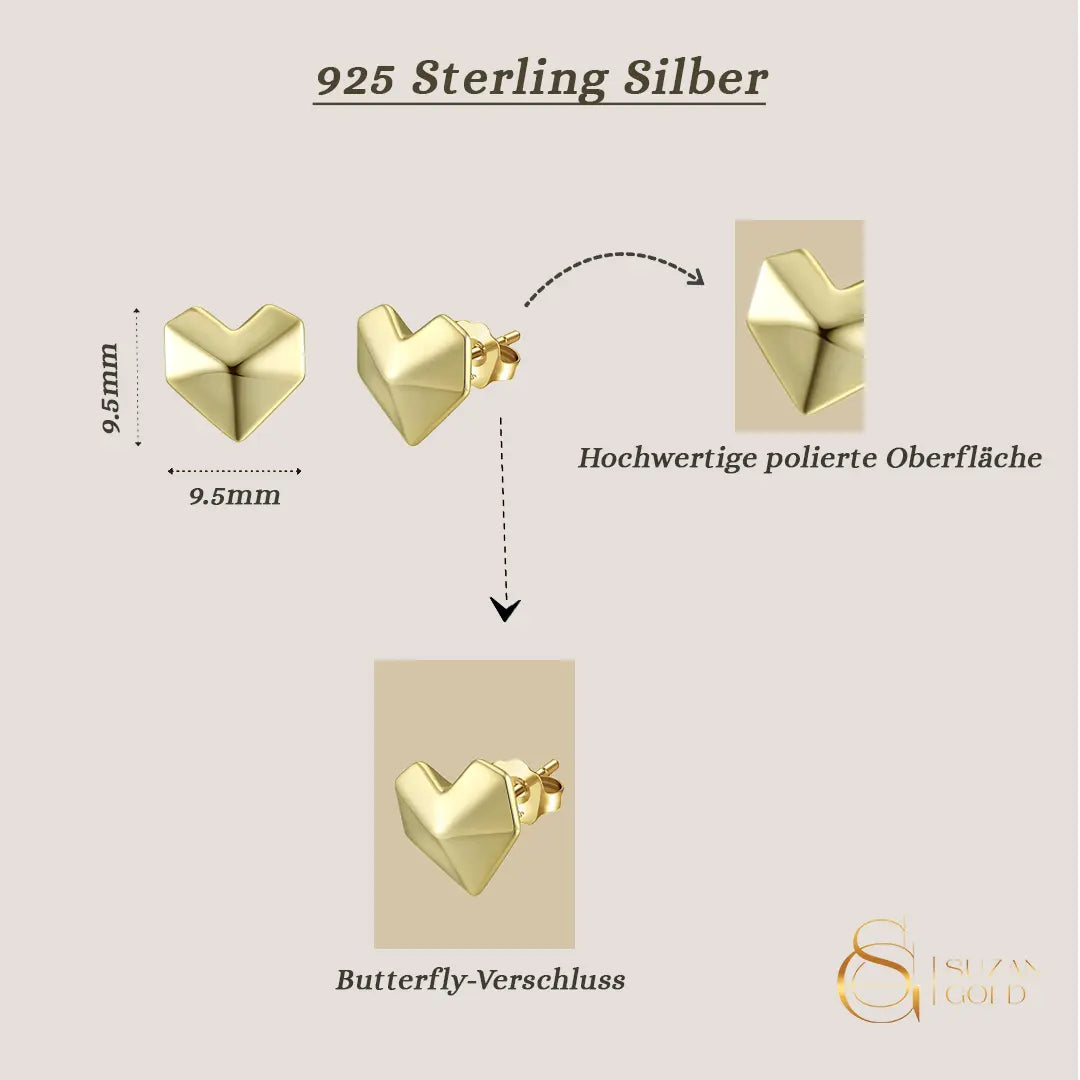 GeoHeart – Herz Ohrstecker aus 925 Silber, modern & glänzend Suzan Gold