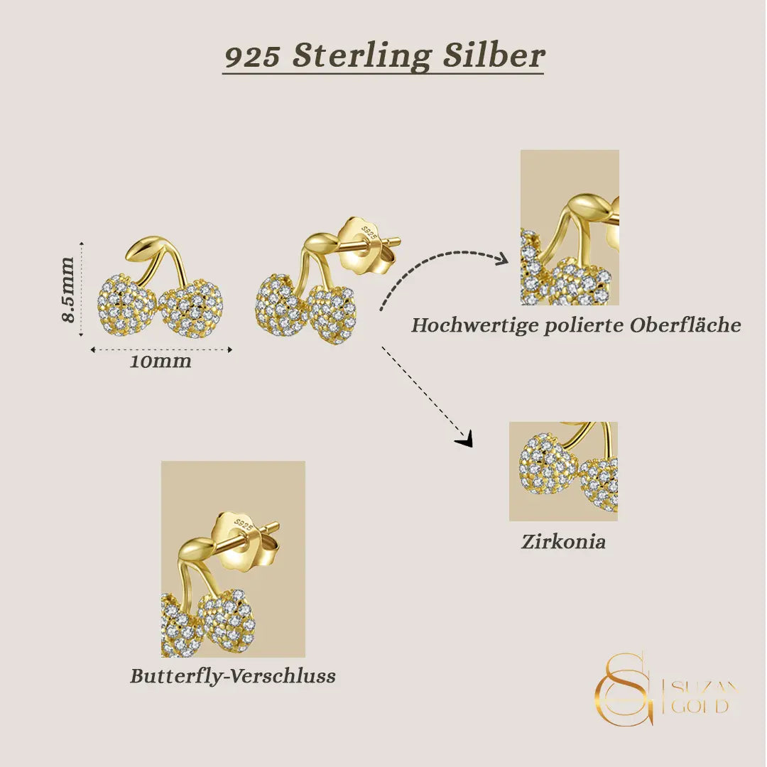 Cherrylight – 925 Silber Ohrstecker mit Zirkonia-Kirschen, vergoldet oder silberfarben Suzan Gold