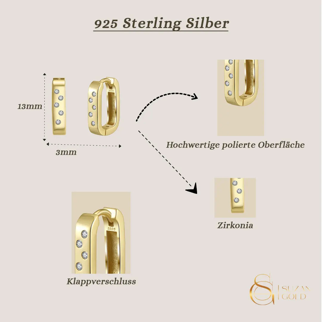 Squareline – Rechteckige 925 Silber-Creolen mit Zirkonia, elegant & massiv Suzan Gold