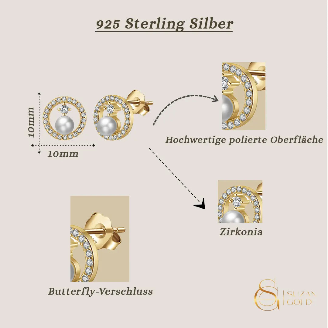 LunaPearl – Elegante Perlen-Ohrringe aus 925 Silber mit Zirkonia-Kreis Suzan Gold