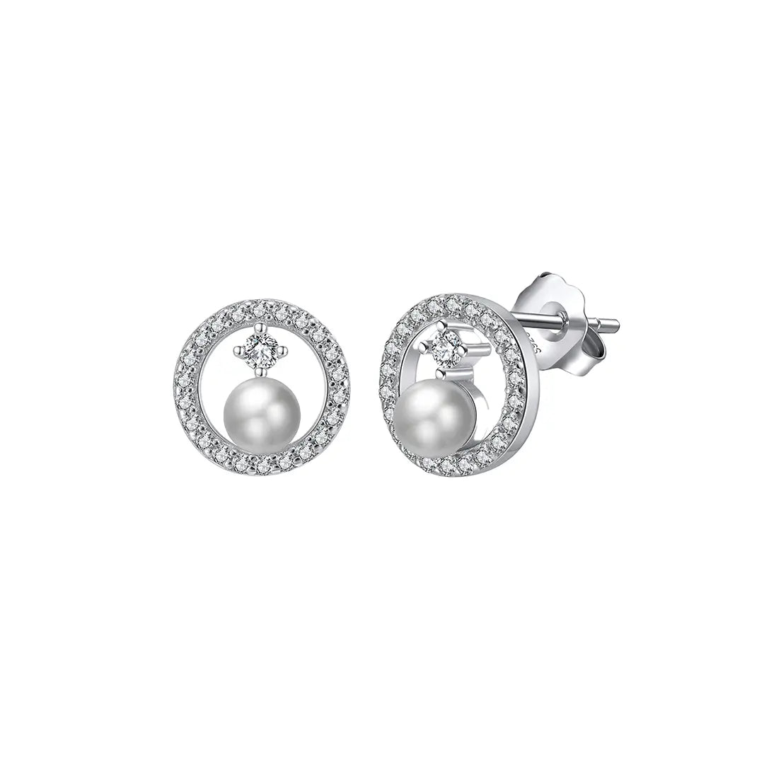LunaPearl Ohrstecker aus 925 Silber mit Perle und Zirkonia, runde geometrische Ohrringe für Damen, eleganter zeitloser Schmuck.