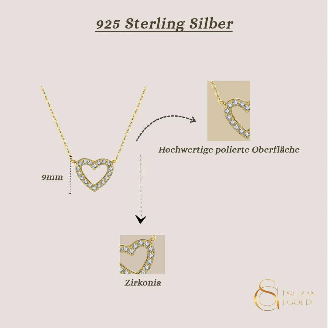 Elanea 925er Silberkette mit Herzanhänger und Zirkonia Suzan Gold