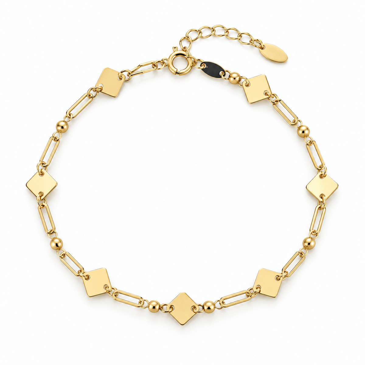 Diamond Shape Link Gliederarmband aus 585 Gold mit Rauten-Plättchen und kleinen Kugeln