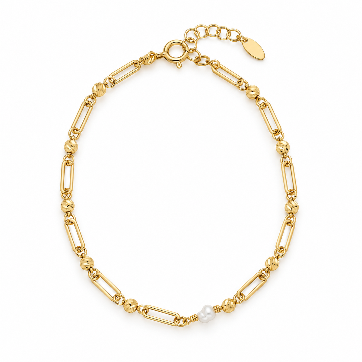 Pearl Link Gliederarmband aus 585 Gold mit diamantierten Kugeln und weißer Perle