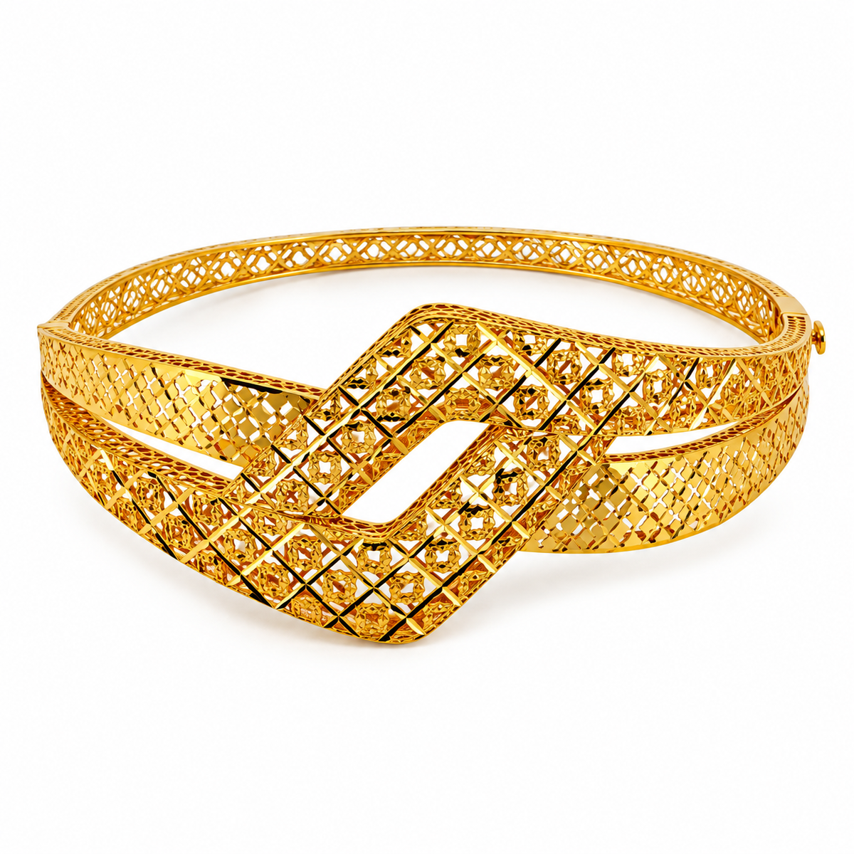 Rhombus Bangle Armreif aus 750 Gold mit filigranen, diamantierten Gitterbändern in offener Rautenform