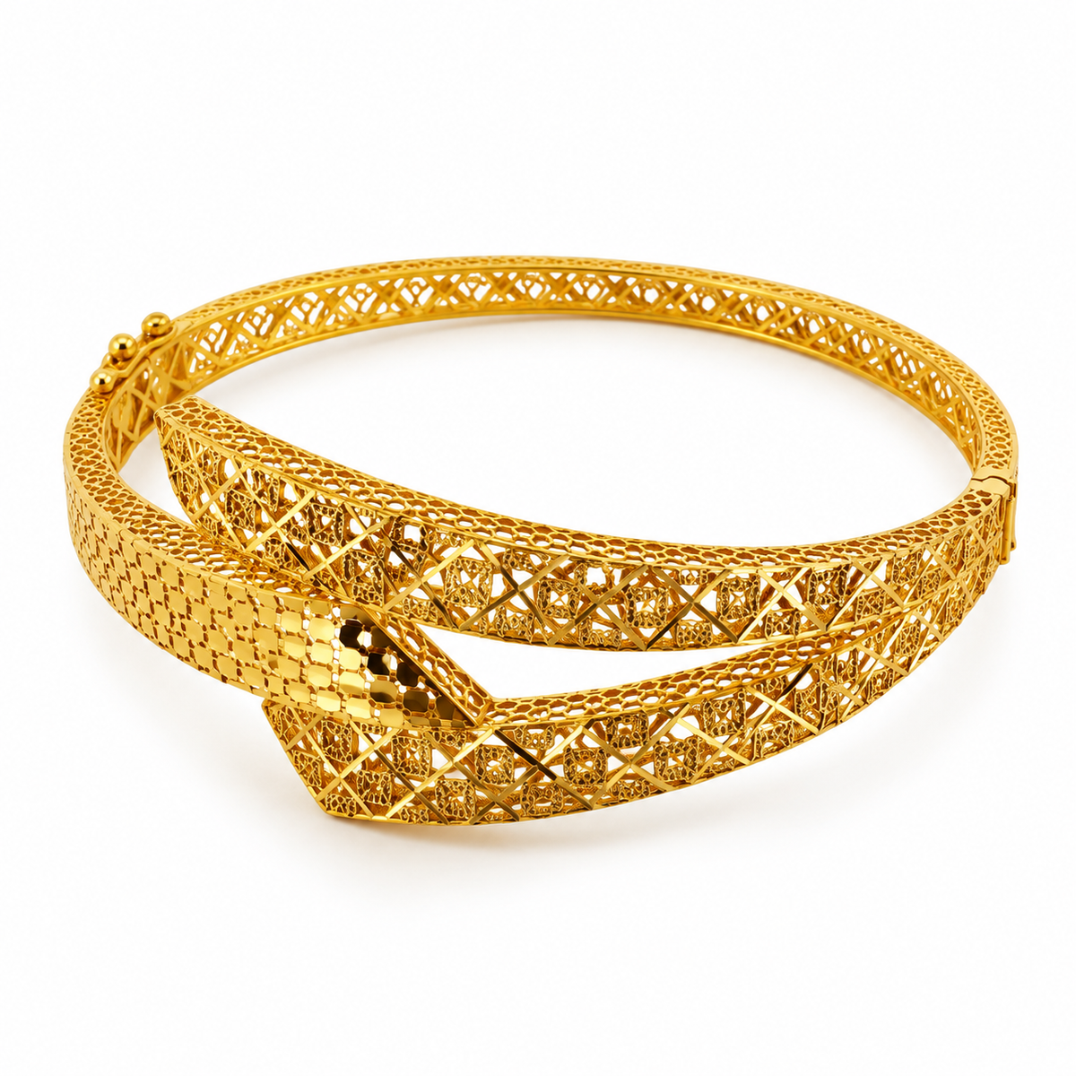 Crossover Bangle Armreif aus 750 Gold mit überkreuzten, diamantierten Filigran-Bändern und Sicherheitsverschluss