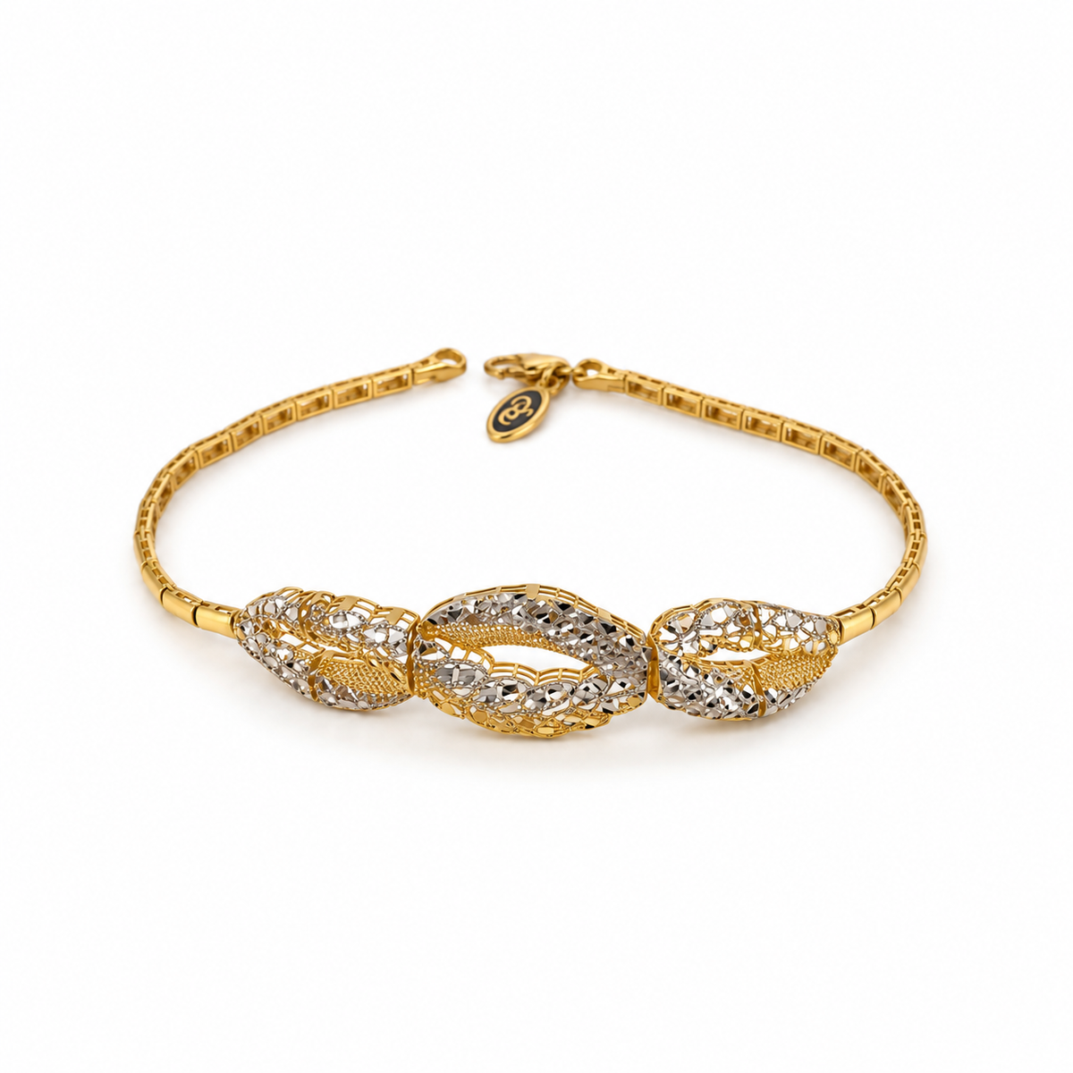 Bicolor Leaf Armband aus 750 Gold mit drei filigranen Blatt-Elementen in Gelb- und Weißgold-Optik