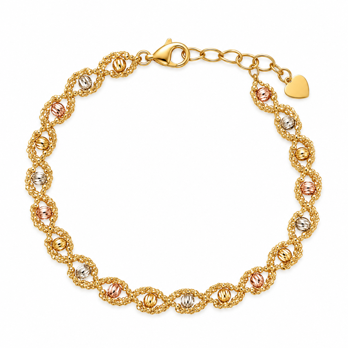 Tricolor Twist Armband aus 750 Gold mit diamantierten Kugeln in drei Goldfarben