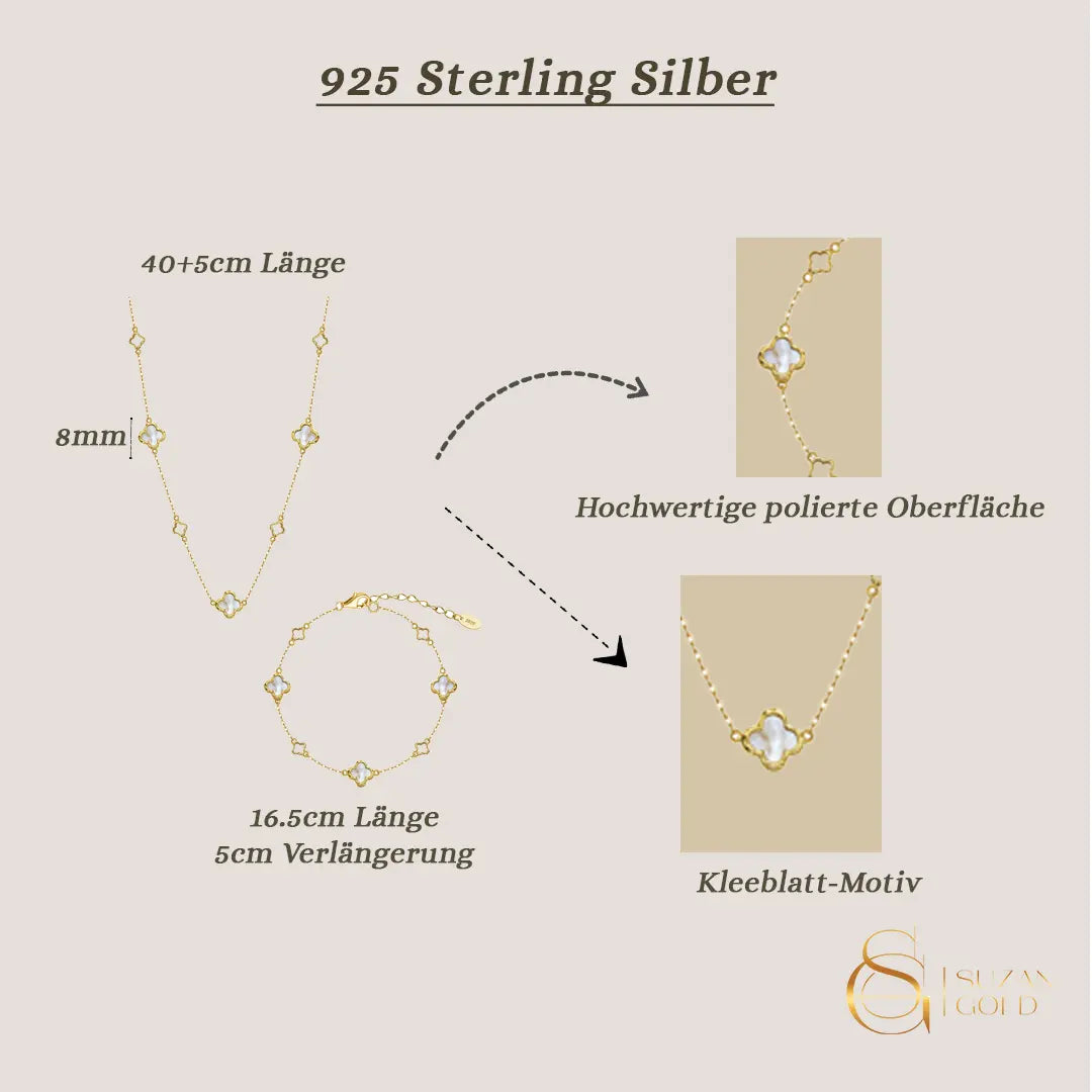 Lunafleur – Perlmutt-Kleeblatt Schmuckset aus 925er Silber Vergoldet Suzan Gold