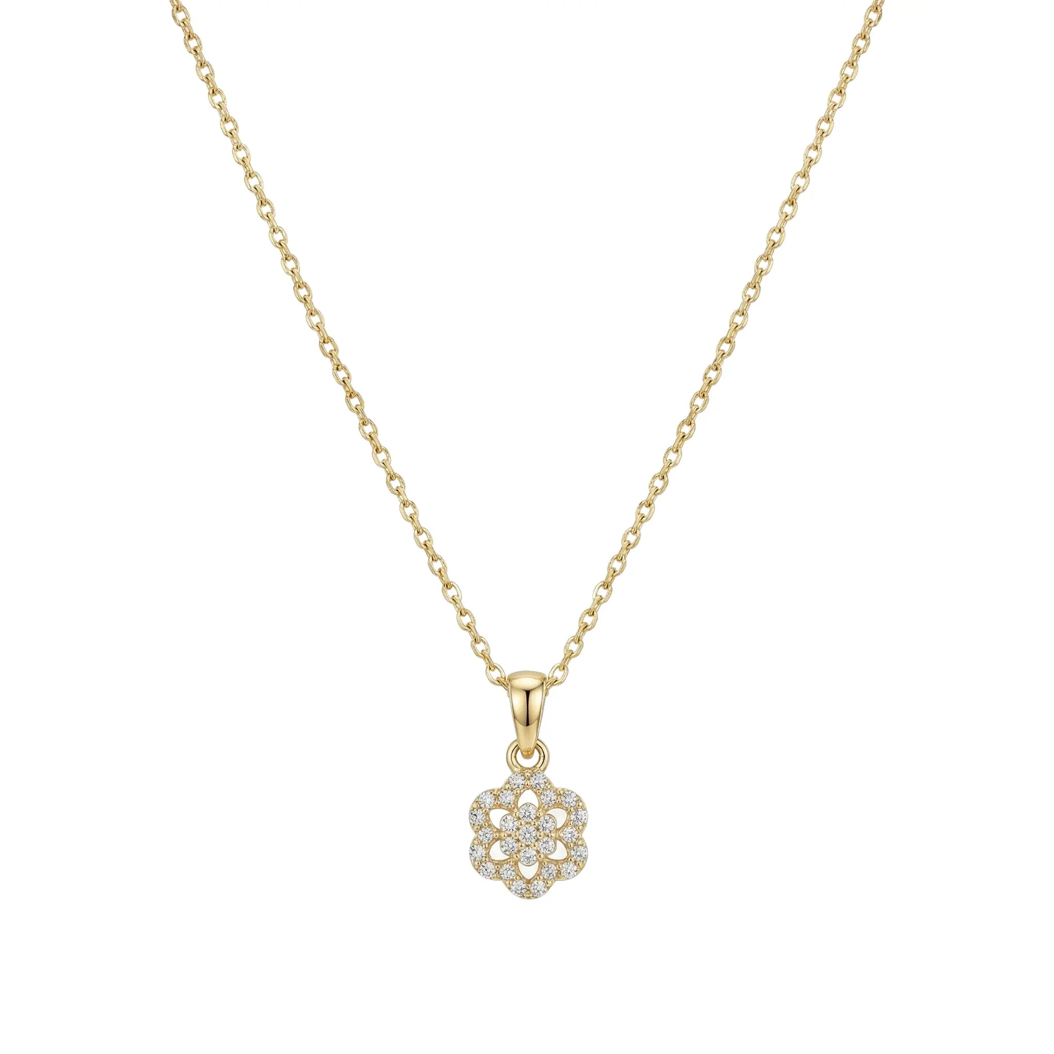 Floral Aura – 375 Echtgold Kette mit Zirkonia Blütenanhänger Suzan Gold