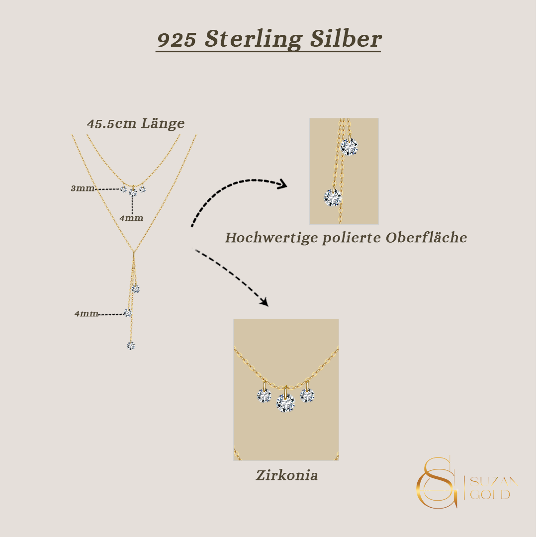 Lunadia – Zweireihige 925 Silber Y-Kette mit funkelnden Zirkonia-Anhängern