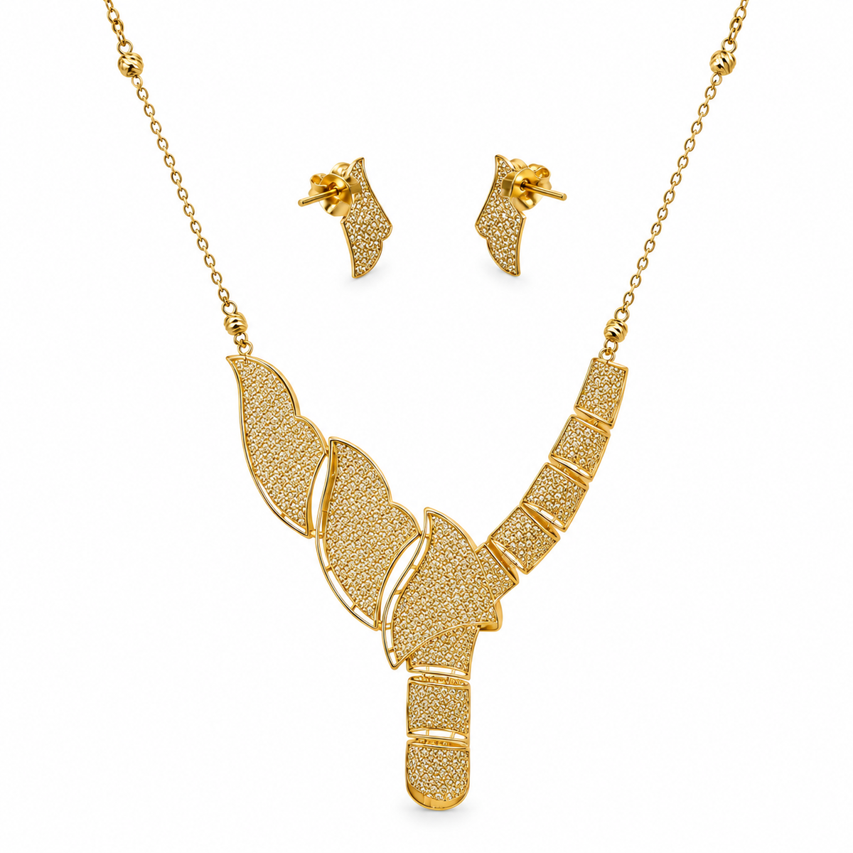 Lotus Petal Schmuckset aus 750 Gold mit V-Collier aus filigranen Blütenblättern und passenden Ohrsteckern
