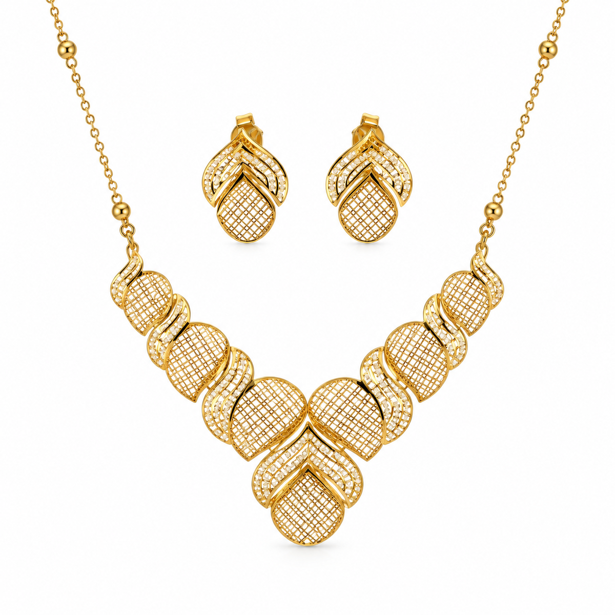 Golden Wing Schmuckset aus 750 Gold mit asymmetrischem Y-Collier und flügelförmigen Ohrsteckern in Granulat-Optik