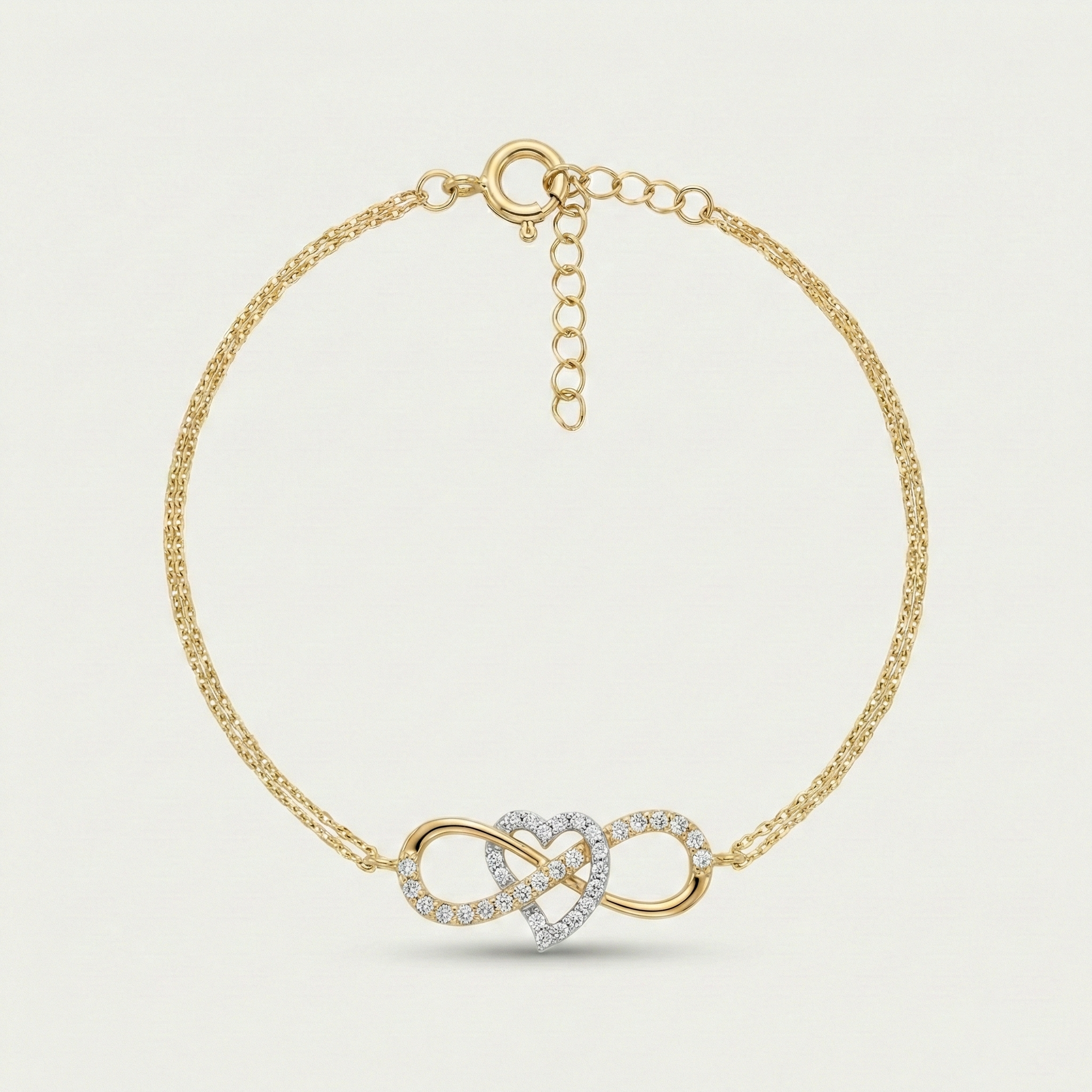 EternaHearts – 375 Echtgold Armband mit Doppelherz Infinity