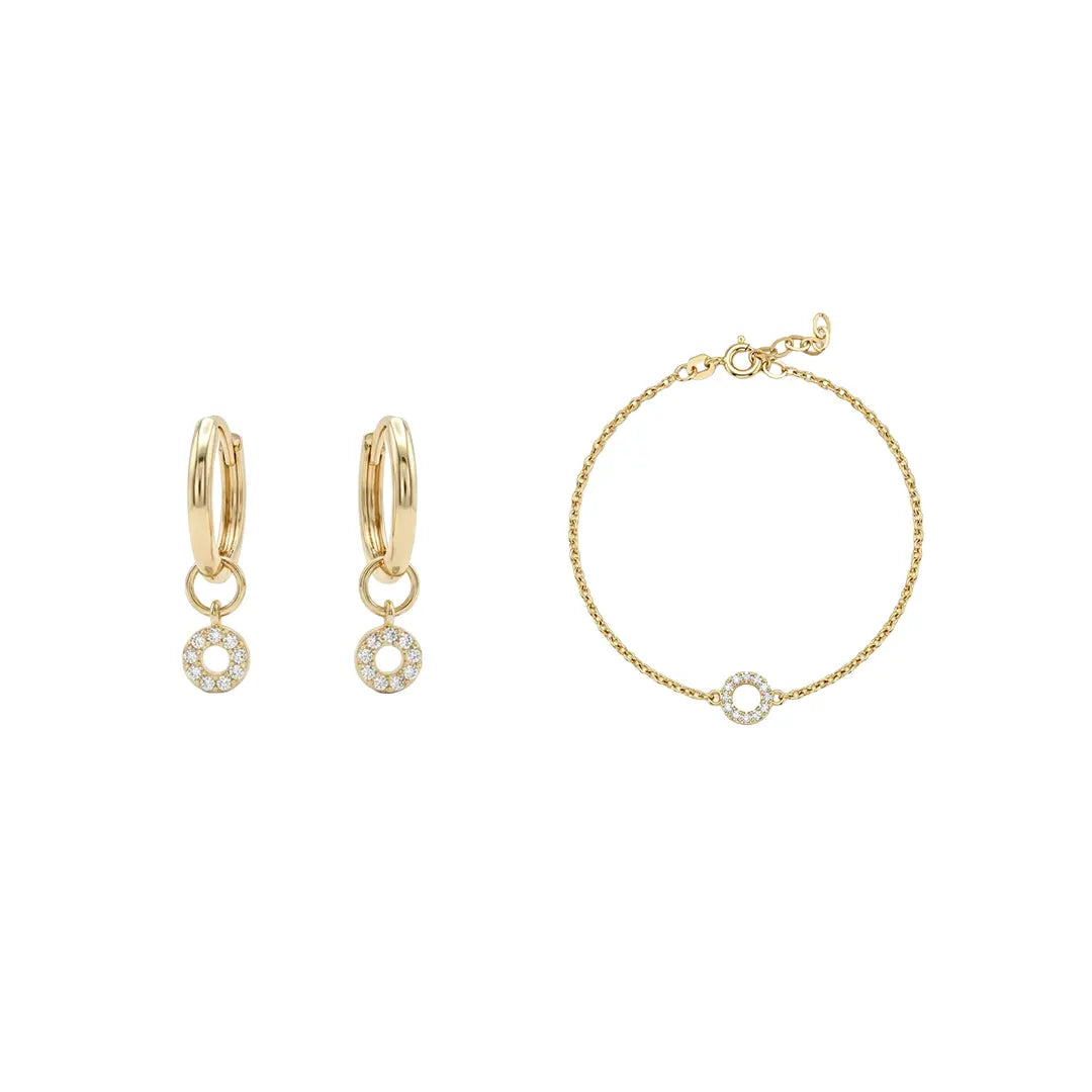 Orivelle Circle Set aus 375 Gelbgold mit Zirkonia, filigraner Schmuck für Damen, eleganter zeitloser Klassiker.