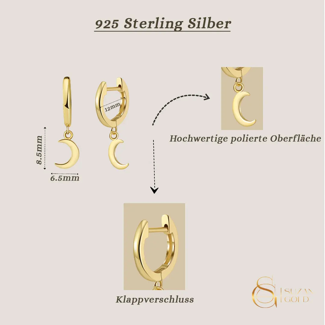 Moonlite – Huggie-Creolen aus 925 Silber mit Mond-Anhänger Suzan Gold