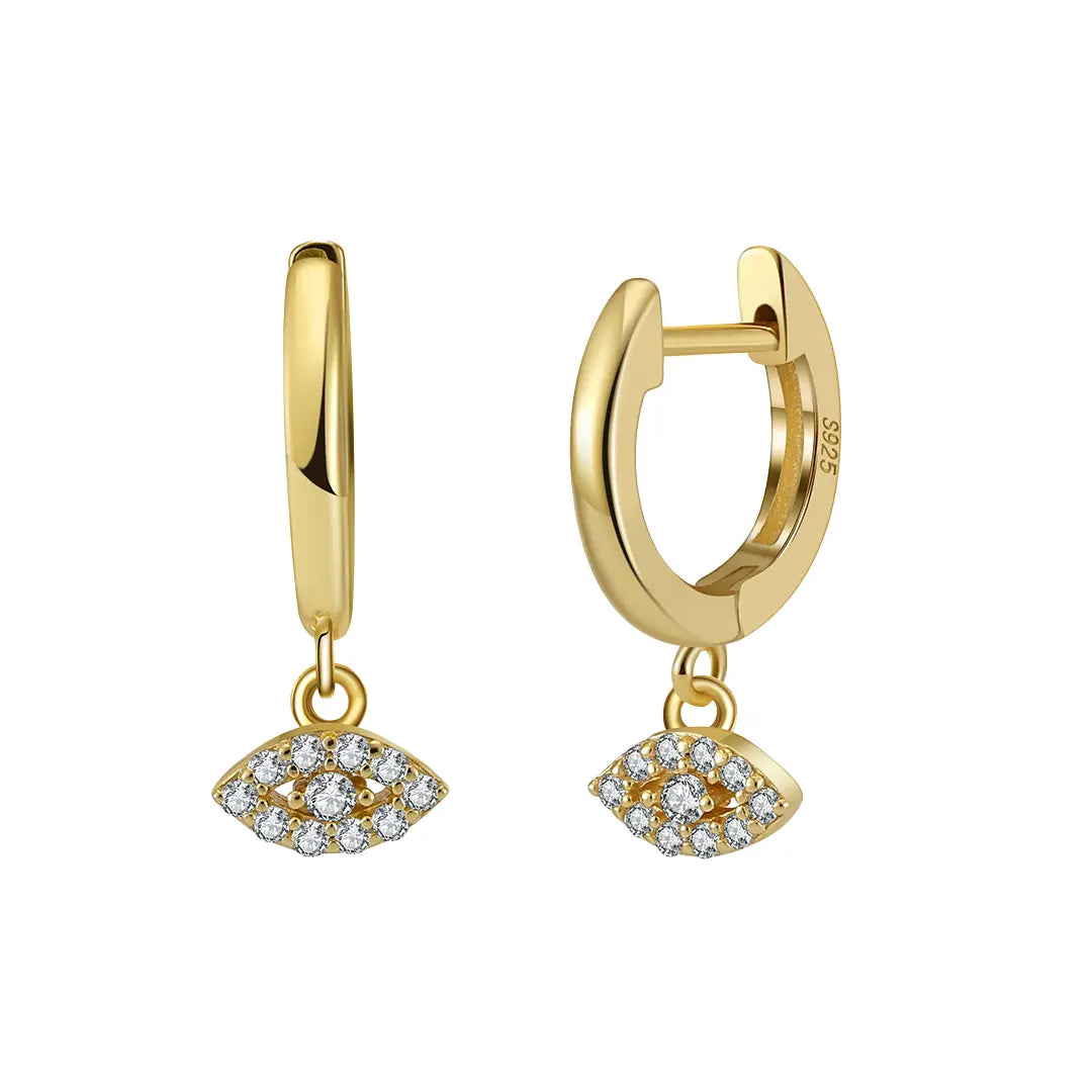 Eyecharm Huggies-Creolen aus 925 Silber vergoldet mit Zirkonia, kleine Creolen mit Auge-Anhänger für Damen, eleganter mystischer Schmuck.
