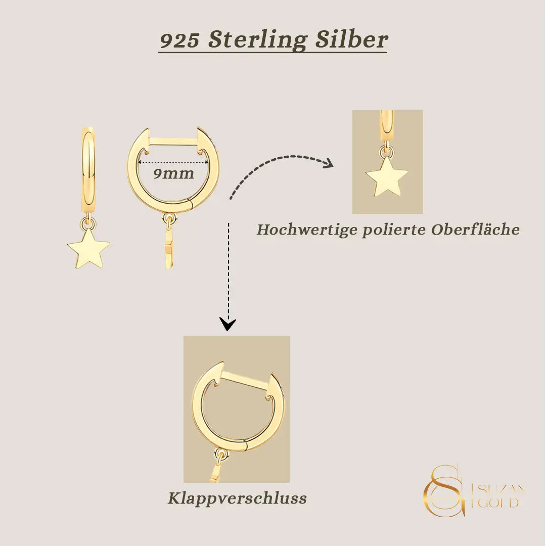 Starlight – Vergoldete Huggie-Creolen mit Stern-Anhänger aus 925 Silber Suzan Gold