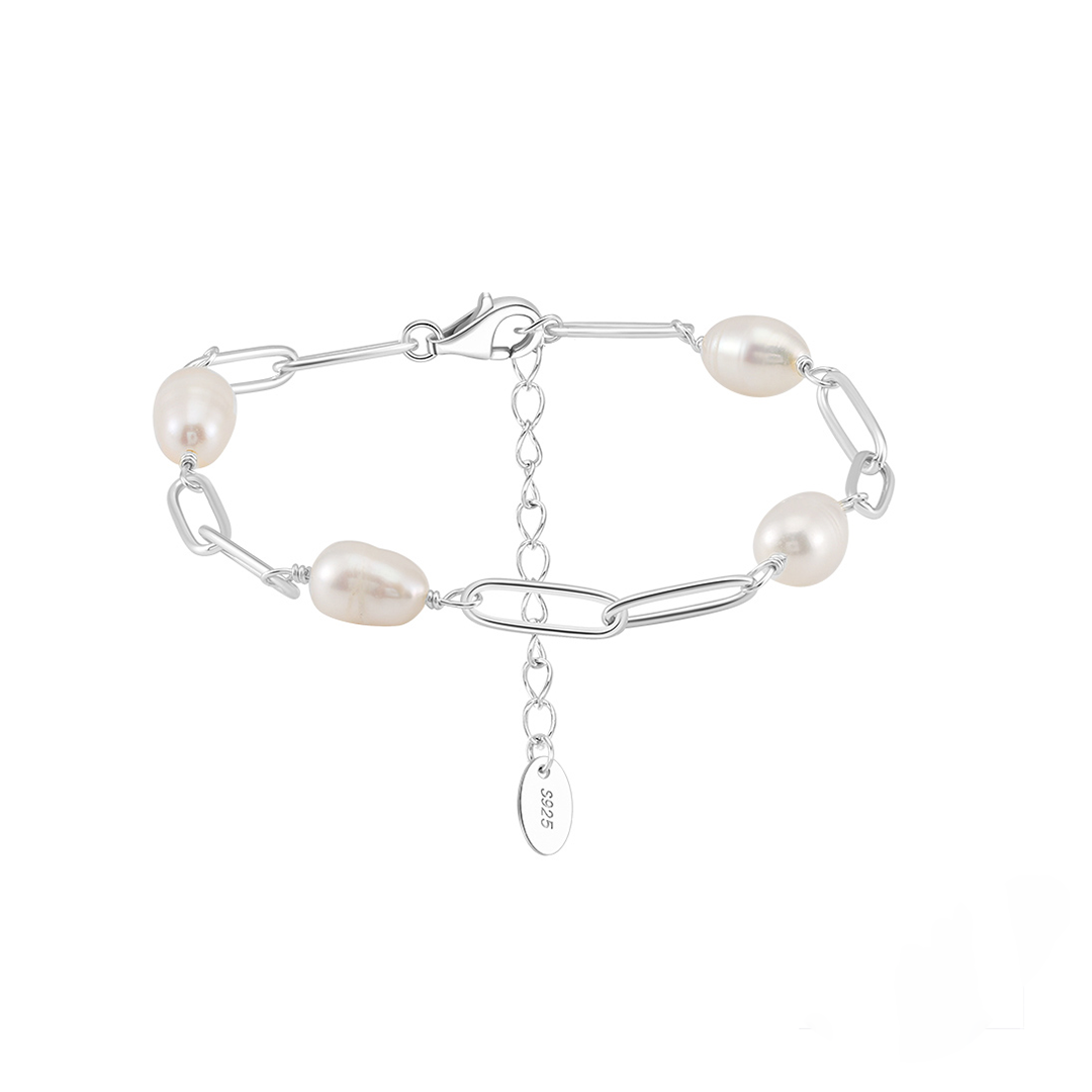 Pearlvera – 925 Silber Armband mit Süßwasserperlen & Paperclip-Gliedern