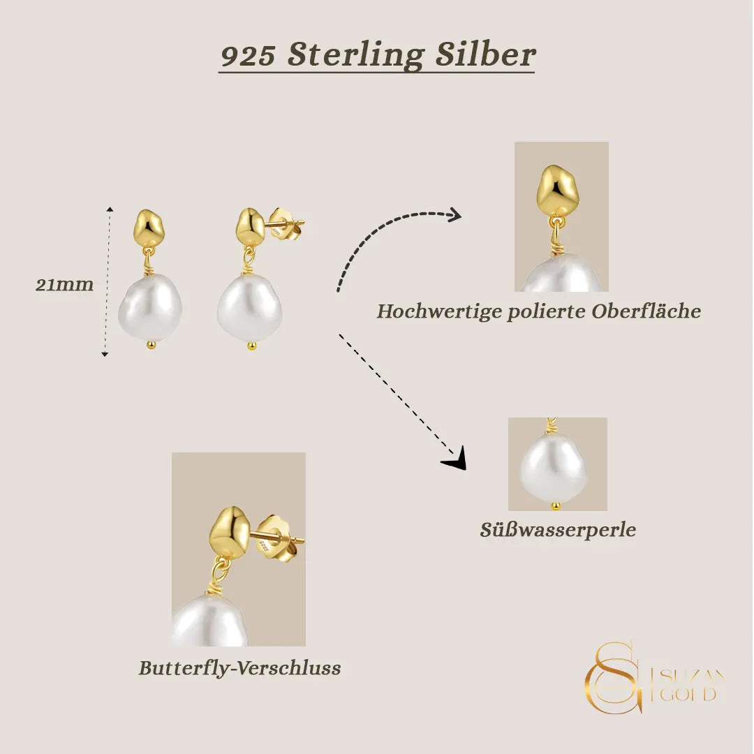 Pearlette – Perlen-Ohrringe aus 925er Silber, vergoldet Suzan Gold