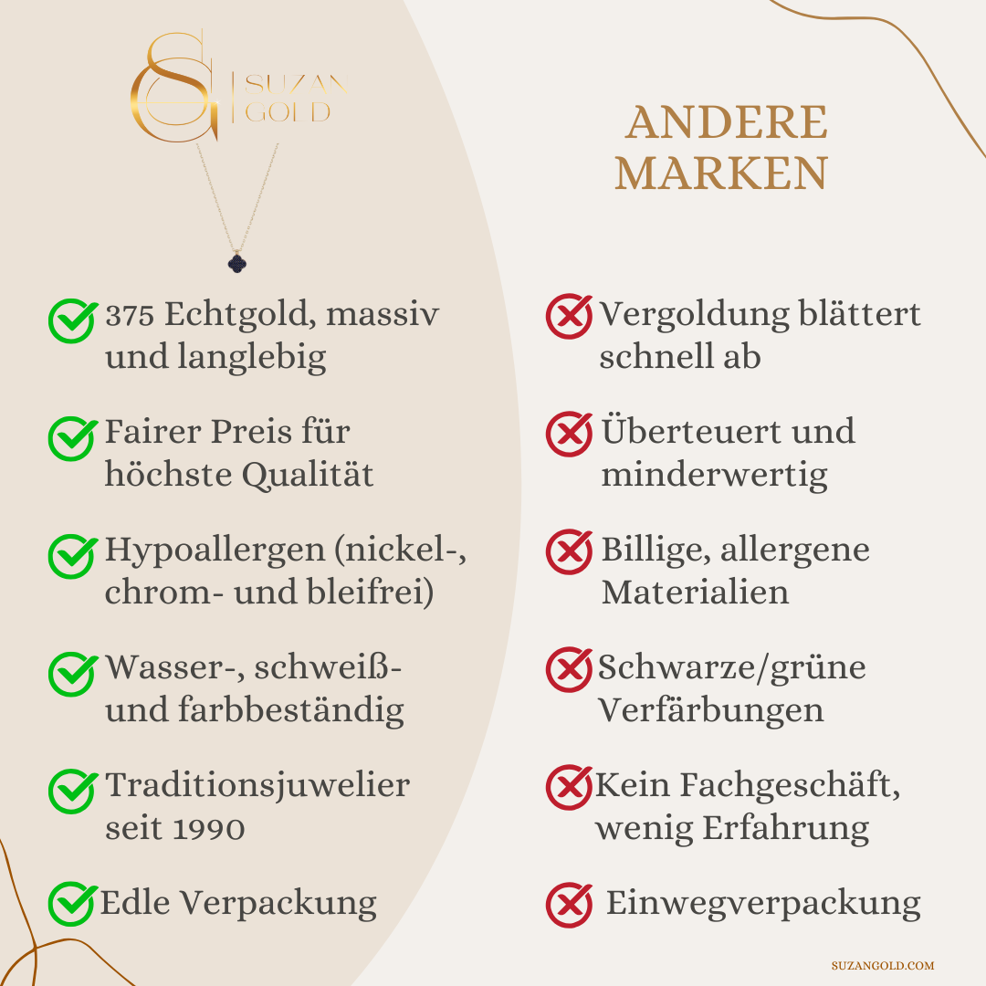 Noirleaf – 375er Echtgoldkette mit schwarzem Kleeblatt-Anhänger