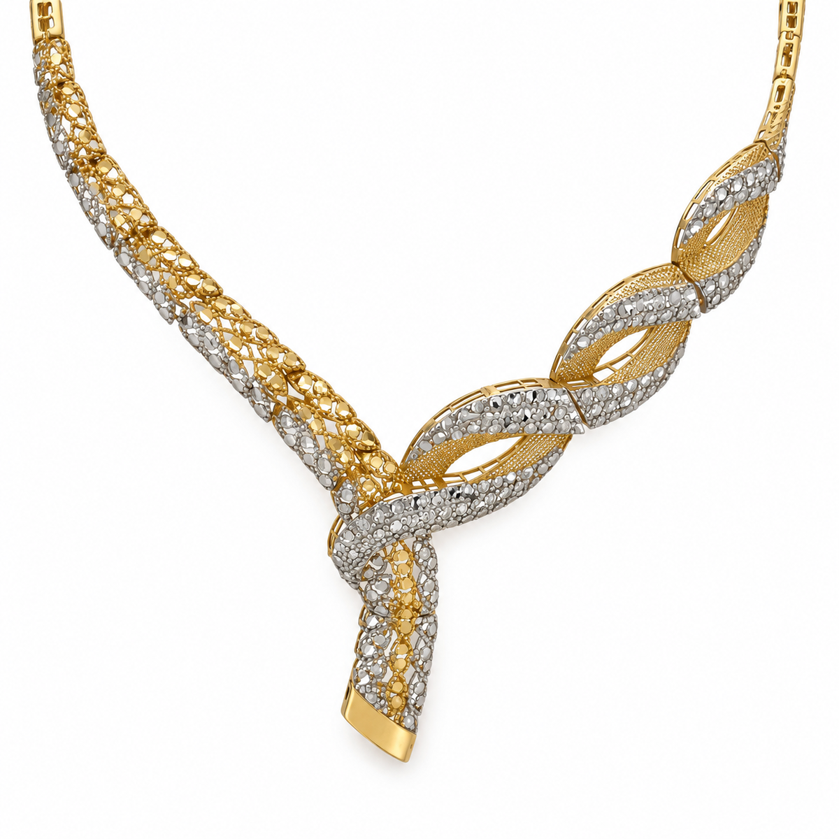Bicolor Ribbon Y-Collier aus 750 Gold mit verschlungenen Filigran-Bändern in Gelb- und Weißgold-Optik