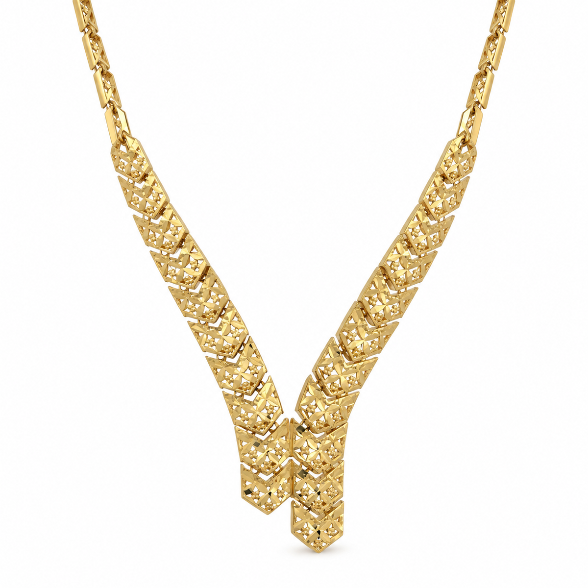 Chevron V-Collier aus 750 Gold mit diamantierten Filigran-Gliedern im Chevron-Muster