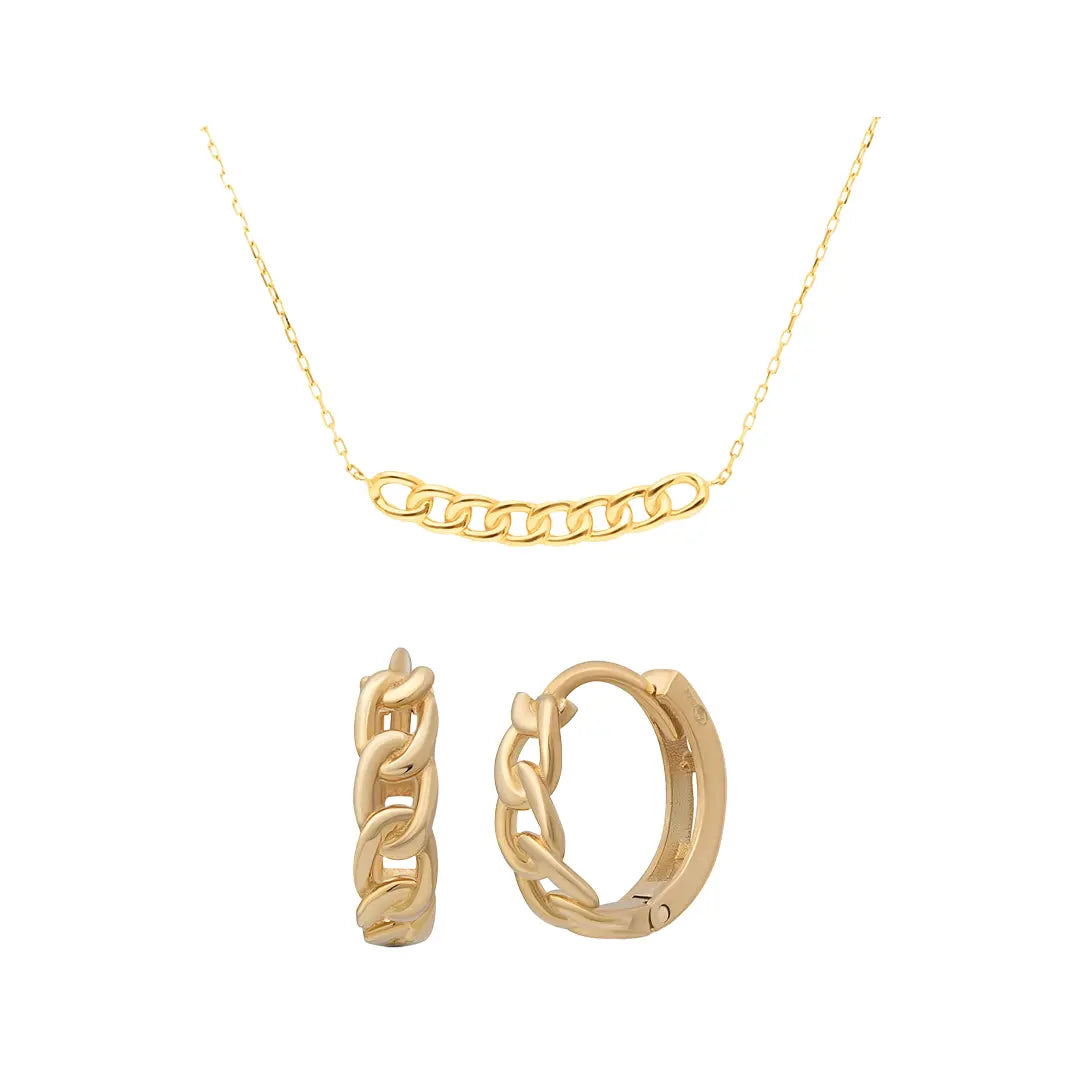 Curb Kette & Creolen Schmuckset aus 375 Gelbgold, filigrane Kette mit passenden Creolen für Damen, eleganter zeitloser Schmuck.