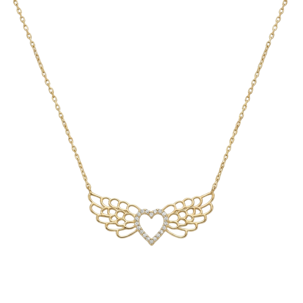 Angelique Heart – 375 Echtgold Halskette mit Flügel-Herz Anhänger & Zirkonia