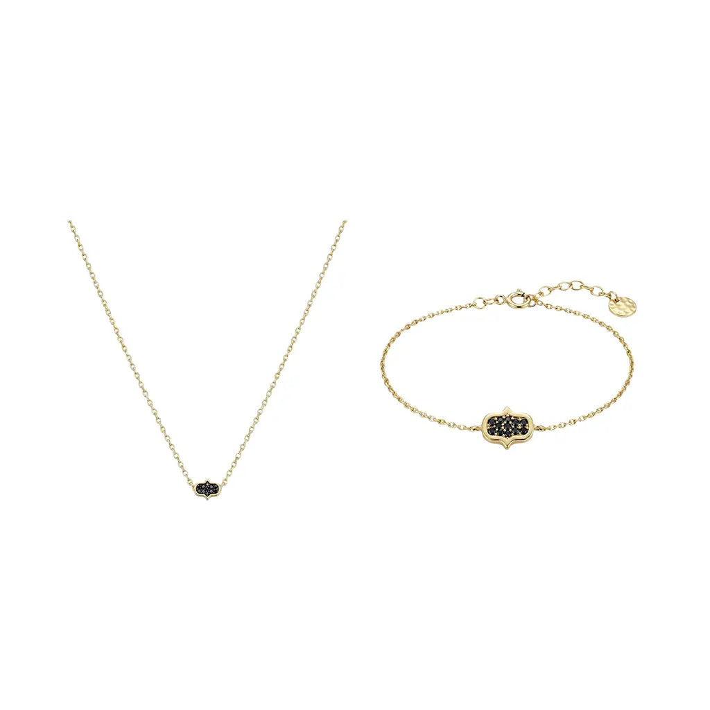Noirelle Ornament Set – 375 Echtgold Schmuckset – Elegantes Schmuckset aus filigraner Halskette und passendem Armband mit schwarzem Pavé-Ornament. Die Kombination aus warmem 375er Echtgold und funkelnden schwarzen Steinen verleiht dem Set eine moderne, luxuriöse Ausstrahlung und macht es zum stilvollen Begleiter für jeden Anlass.