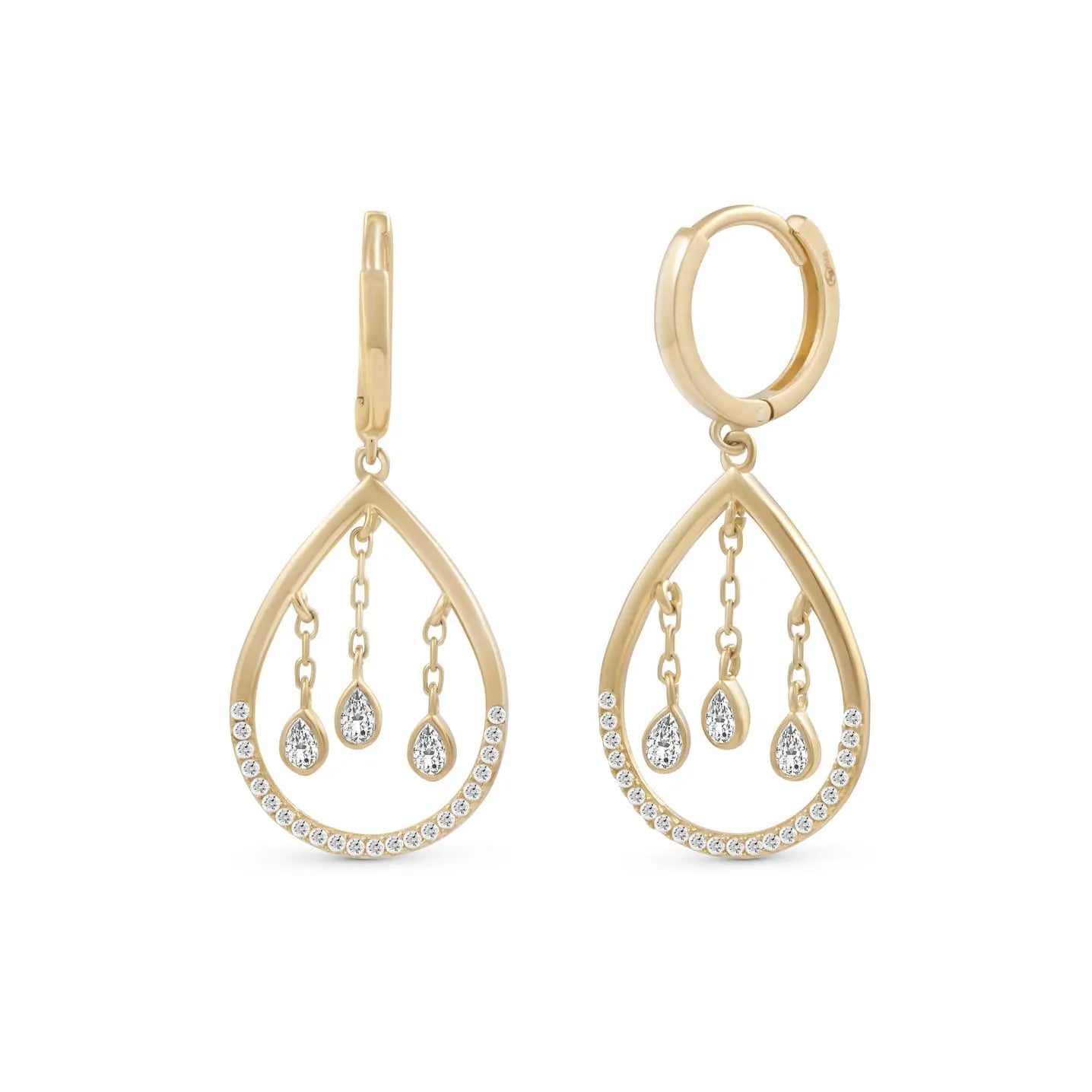 God’s Tears Creolen 375 Echtgold elegante Tropfen Creolen mit funkelnden Anhängern luxuriöser Goldschmuck Statement Ohrringe glamouröse Earrings Geschenk für sie