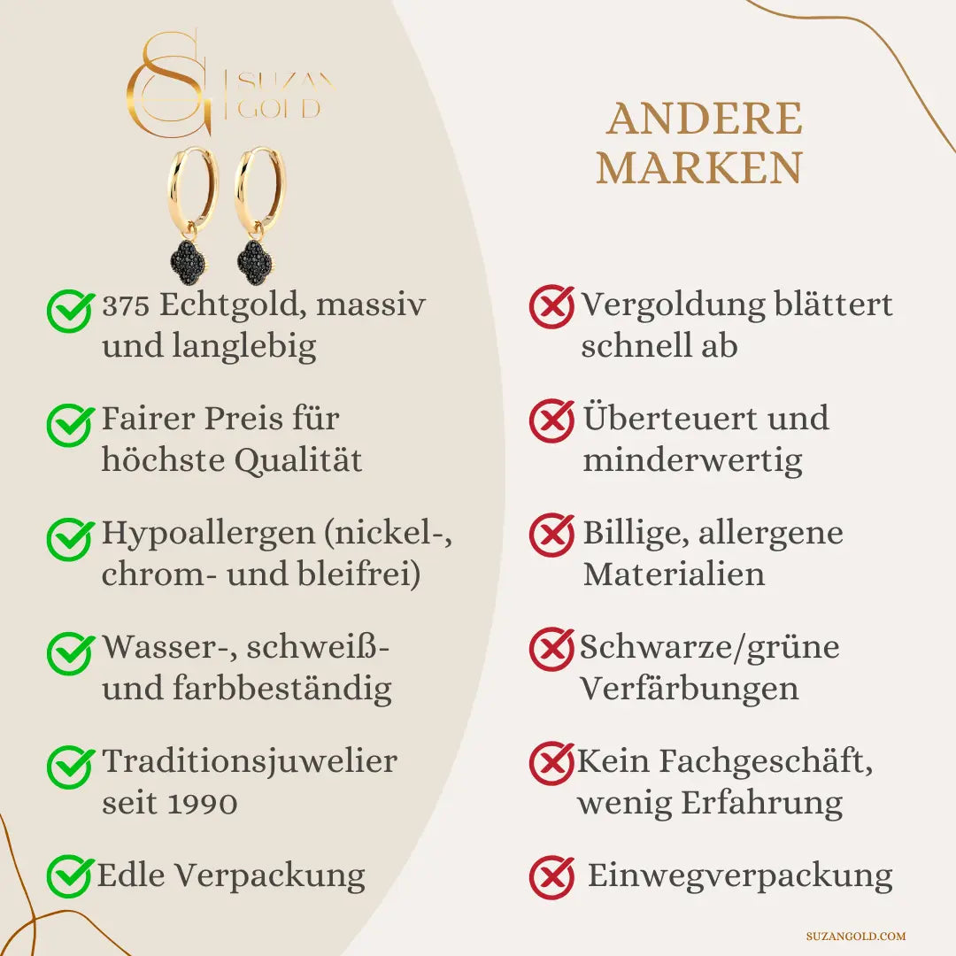 Noirleaf – 375er Echtgold-Creolen mit schwarzem Kleeblatt-Anhänger Suzan Gold
