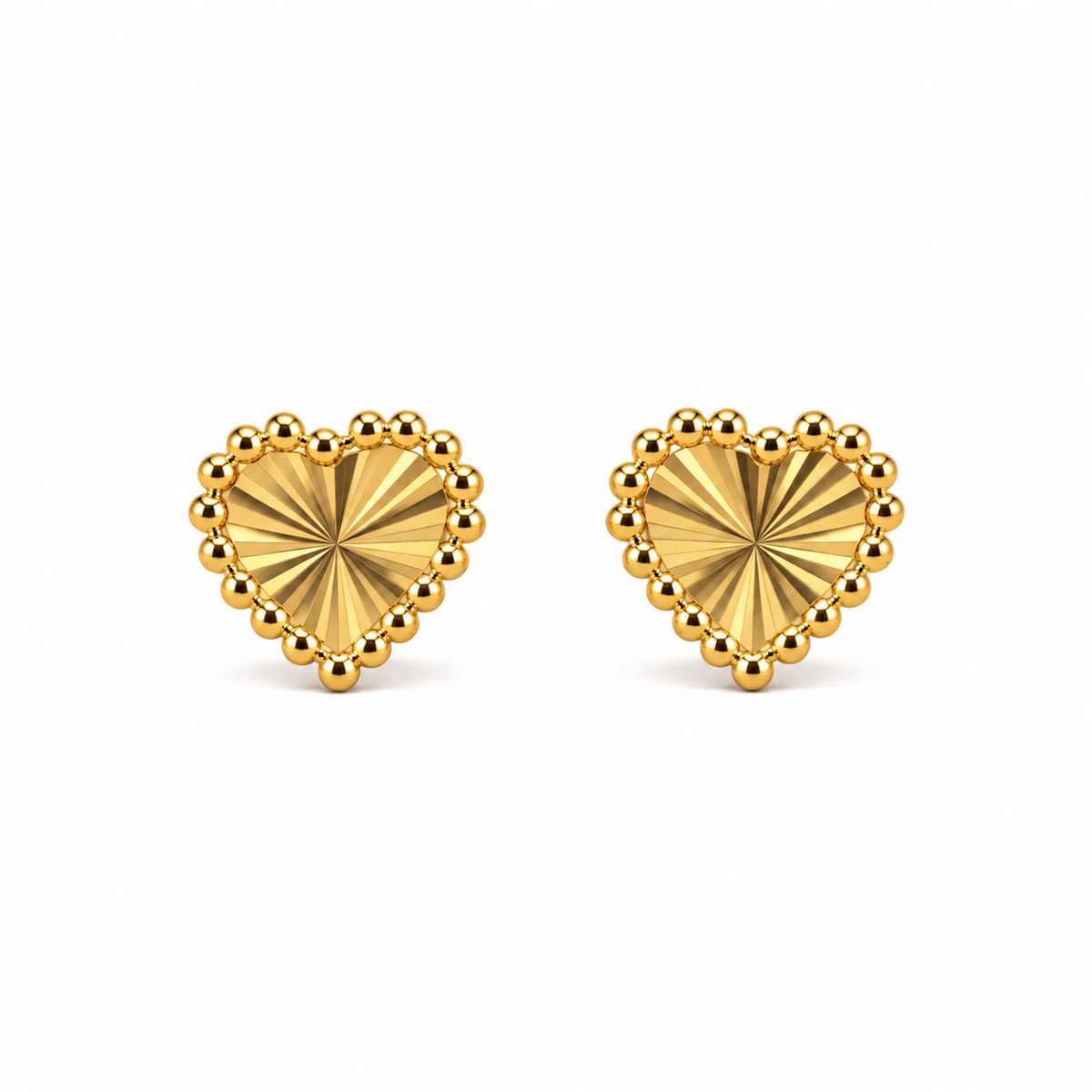 Sunburst Heart – Herz-Ohrstecker mit Strahlenmuster und Perlrand aus 750 Gold Suzan Gold