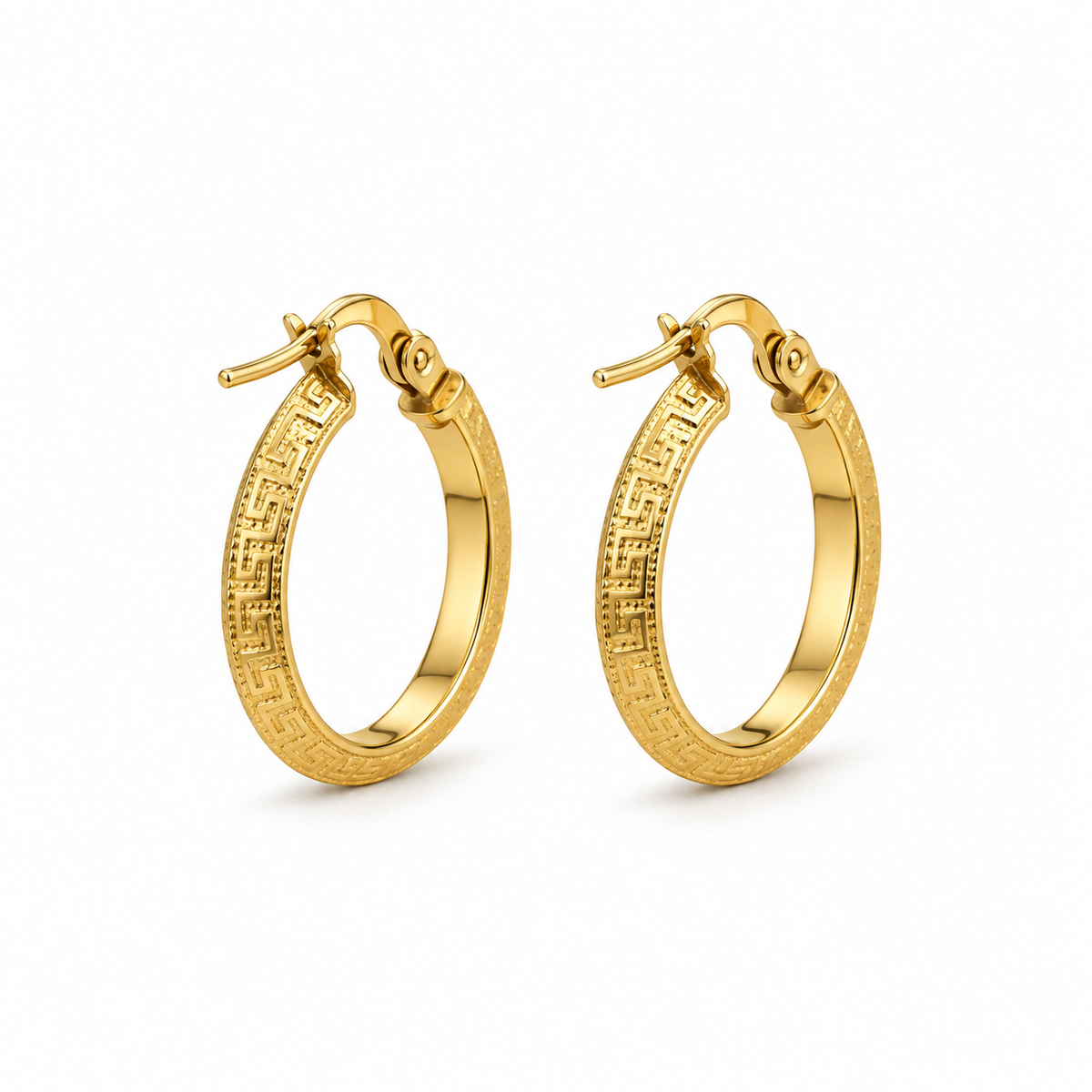 Greek Key Hoop Creolen aus 750 Gold mit Mäander-Muster, Paar in der Seitenansicht mit Klappverschluss