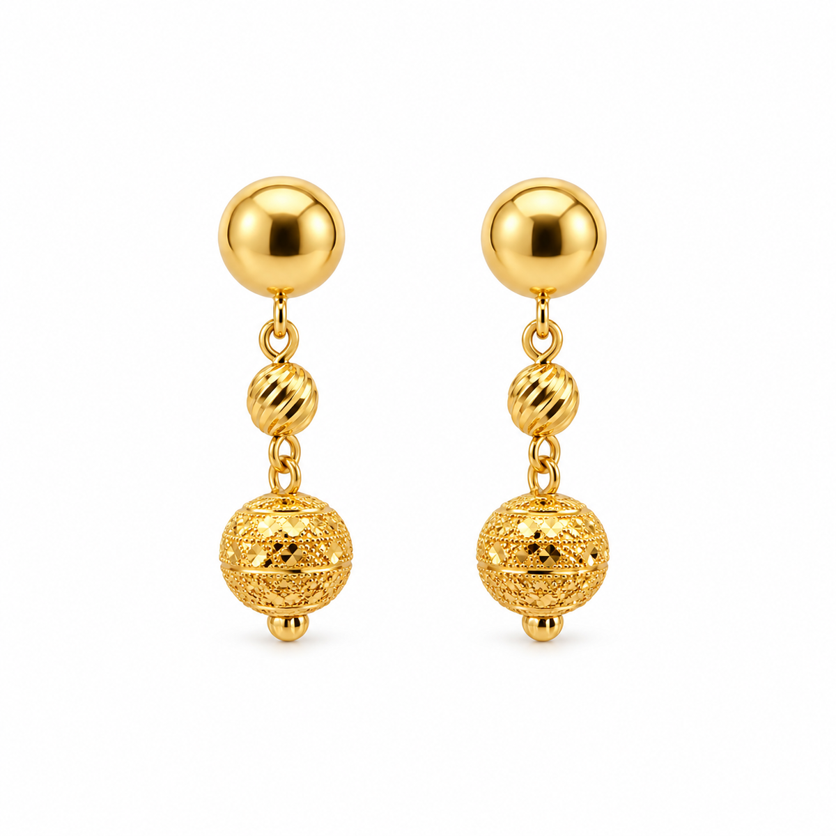 Filigree Ball Ohrhänger aus 875 Gold mit Kugelstecker, geriffelter Kugel und filigraner Zierkugel