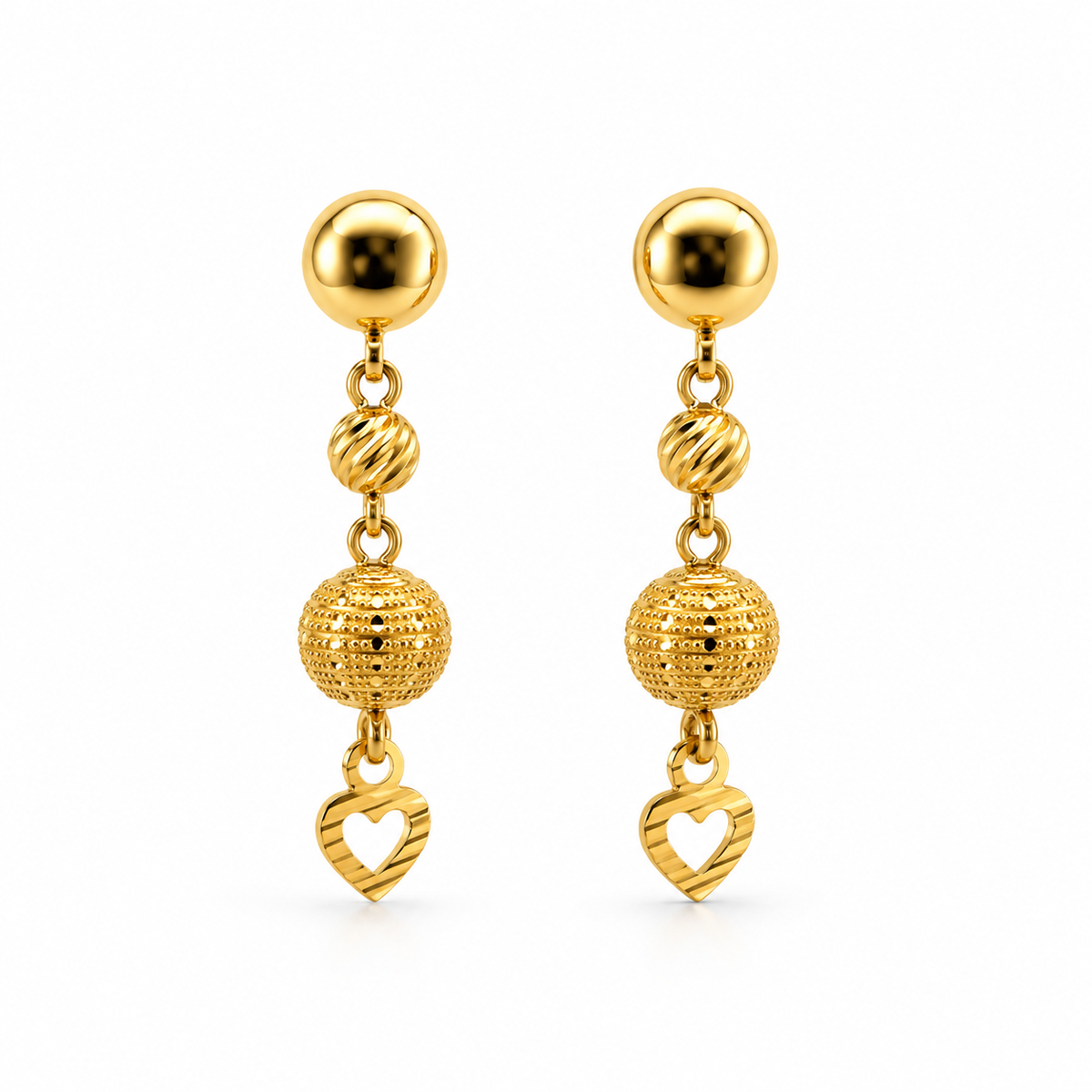 Heart Beads Ohrhänger aus 875 Gold mit Kugelstecker, diamantierter Kugel und offenem Herz