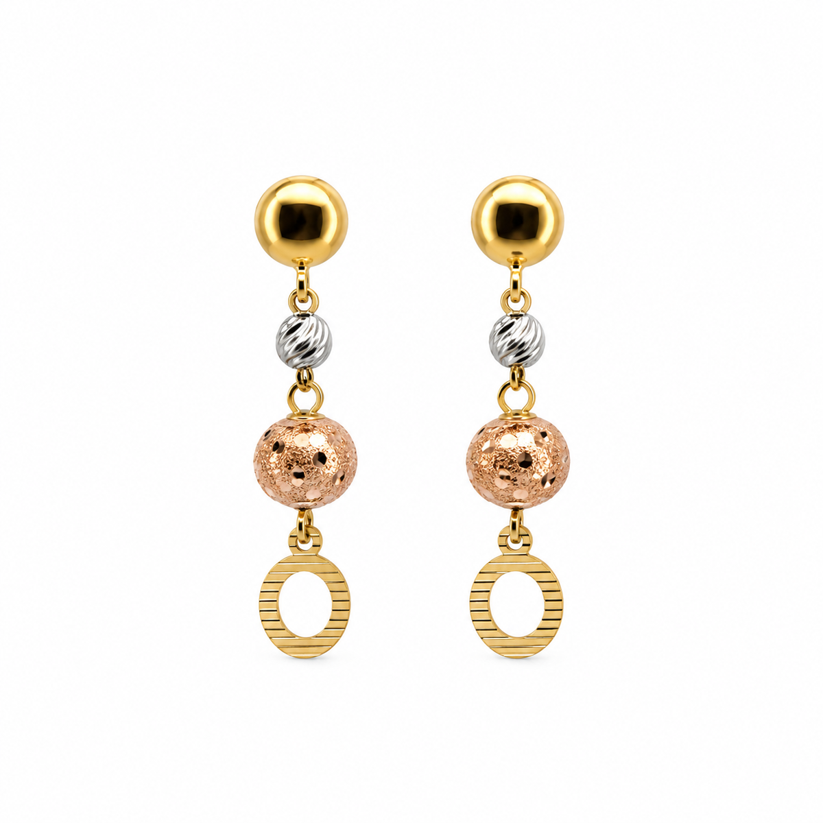 Tricolor Beads Ohrhänger aus 875 Gold mit Kugeln in Gelb-, Weiß- und Roségold-Optik und Ring