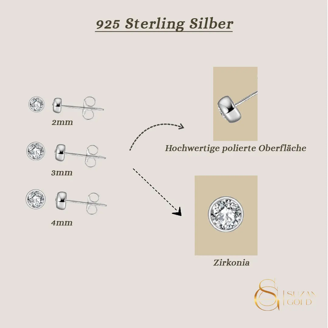 Zirella – 925 Silber Ohrstecker Damen | Zirkonia in 2 mm, 3 mm & 4 mm Suzan Gold