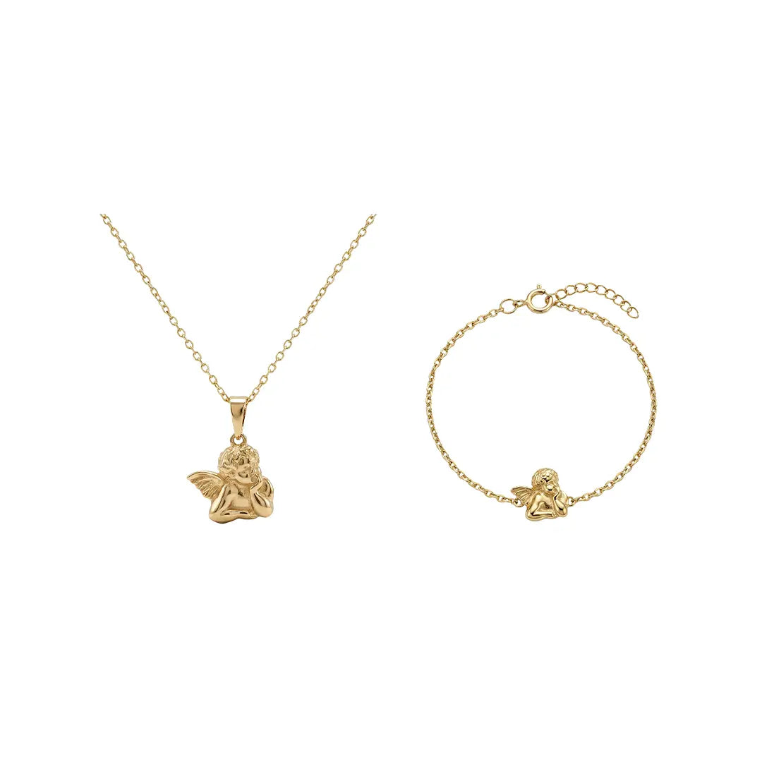Angelora Charm Set – 375 Echtgold Schmuckset mit Engel-Motiv aus Halskette und Armband, symbolisch und zeitlos elegant.