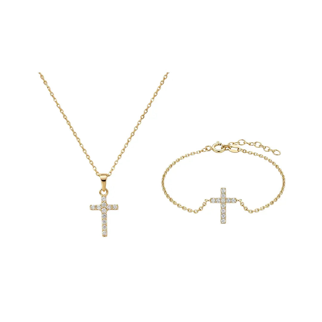 Crucelle Spark Set – 375 Echtgold Schmuckset mit funkelndem Kreuz-Anhänger und passendem Armband, elegant und bedeutungsvoll.
