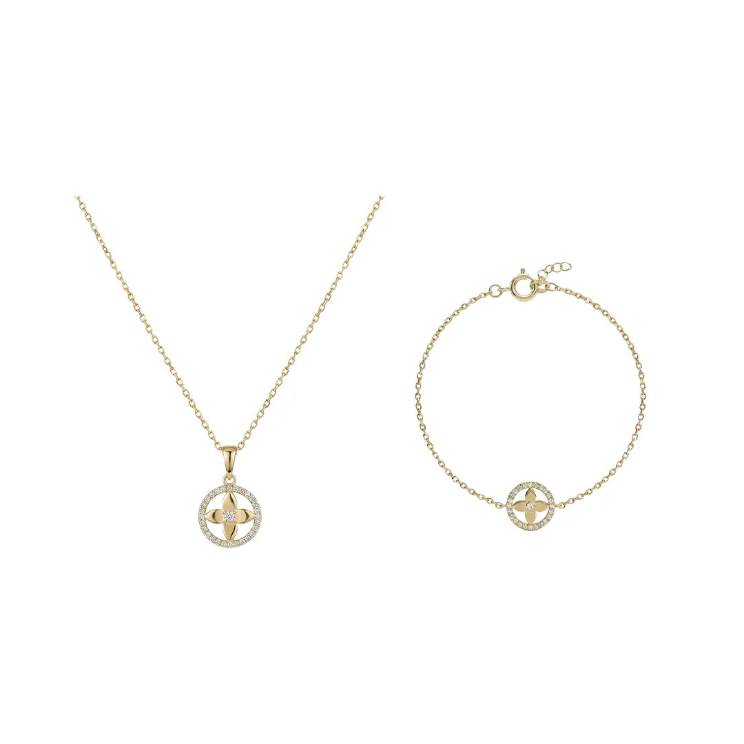 Crucelle Star Circle Set aus 375 Gelbgold mit Zirkonia, filigraner Schmuck für Damen, eleganter zeitloser Klassiker.