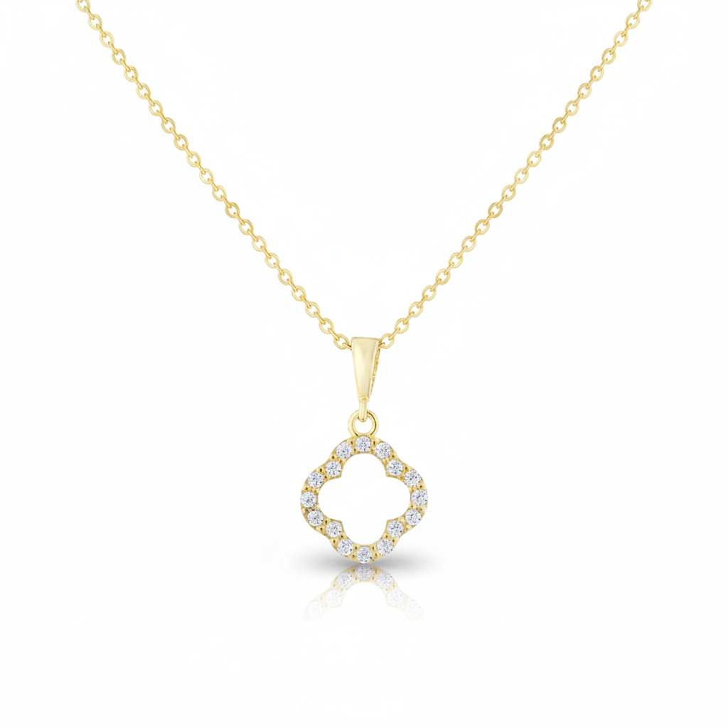 Lioréa Quatre – 375 Echtgold Halskette mit offenem Kleeblatt Zirkonia Anhänger