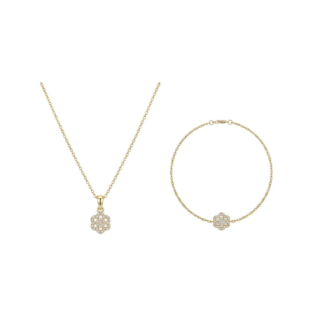 Crucelle Flower Spark Set aus 375 Gelbgold mit Zirkonia, filigraner Schmuck für Damen, eleganter zeitloser Klassiker.
