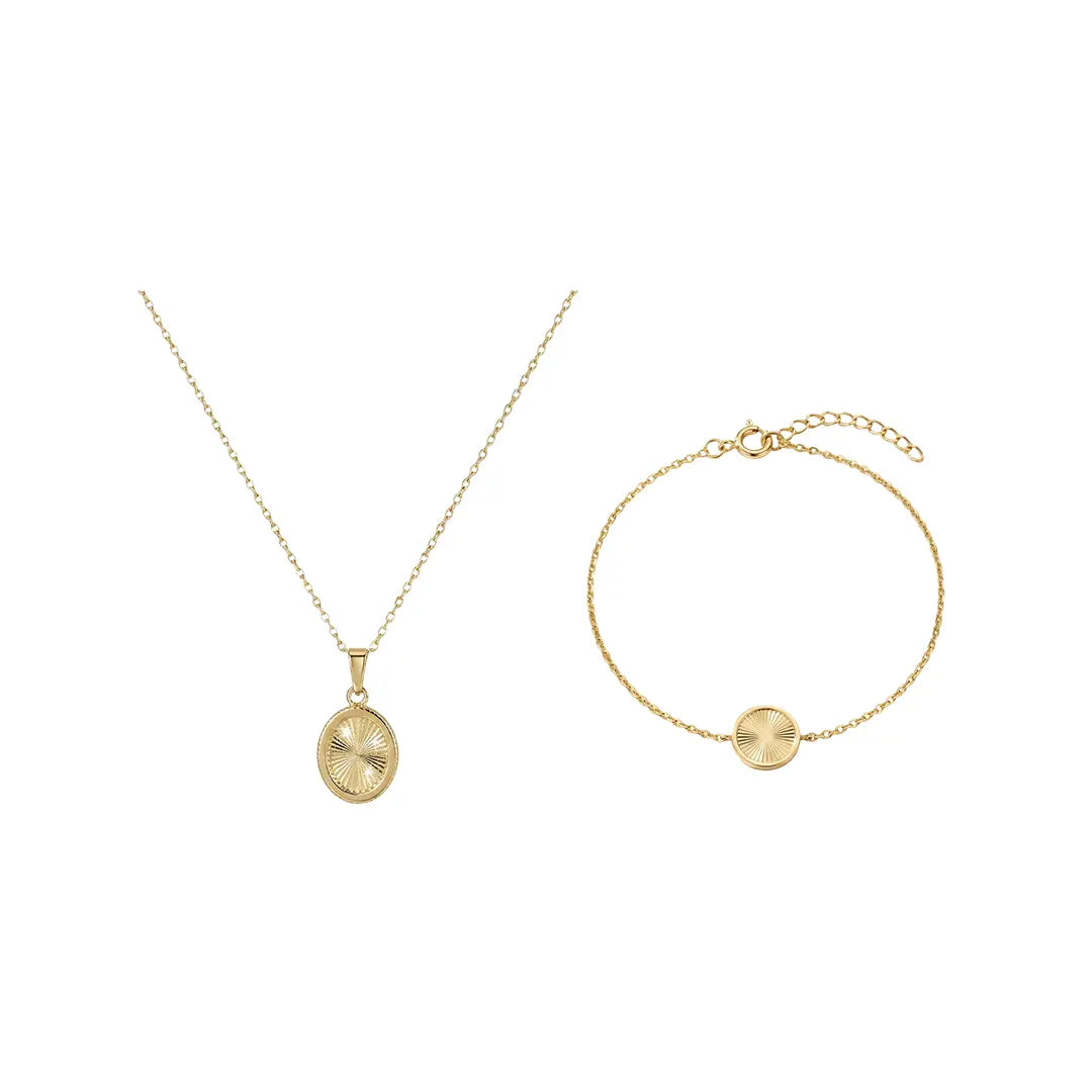 Crucelle Sun Circle Set aus 375 Gelbgold, filigraner Schmuck für Damen, eleganter zeitloser Klassiker.