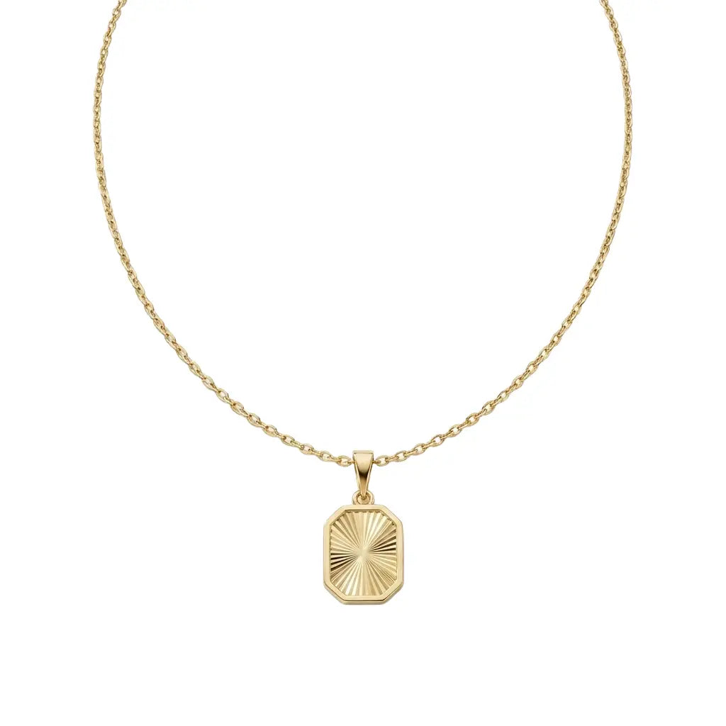 Solaris Ray – 375 Echtgold Kette mit graviertem rechteckigem Sonnenanhänger Suzan Gold